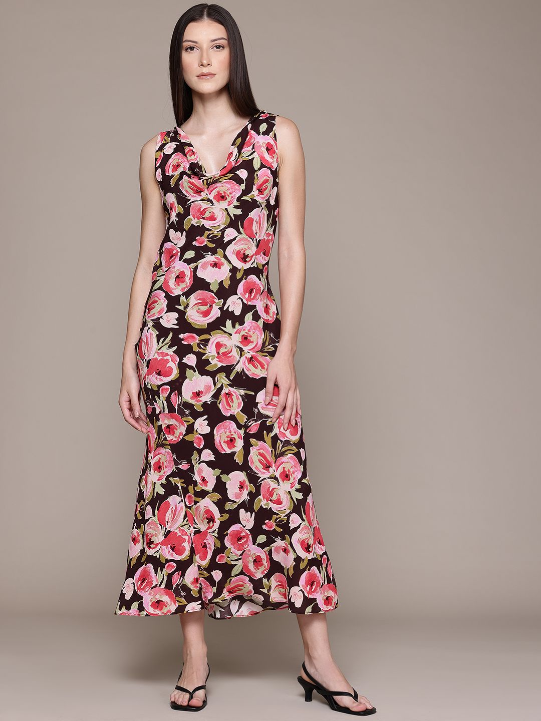 Floral Print Cowl Neck Maxi Dress