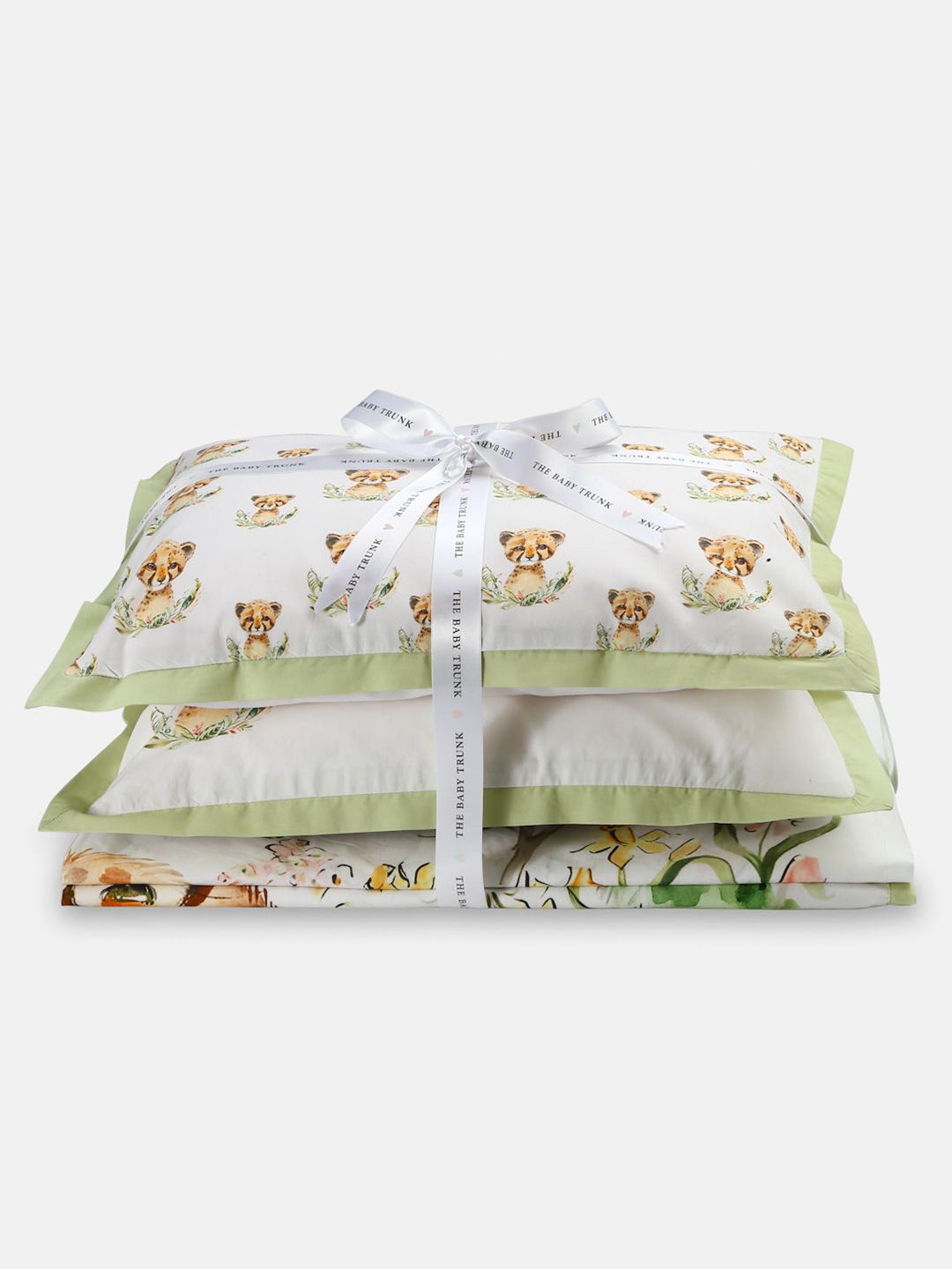 THE BABY TRUNK White & Green Cartoon Characters Egyptian Cotton 4 Piece Crib Superfine Bedding Set