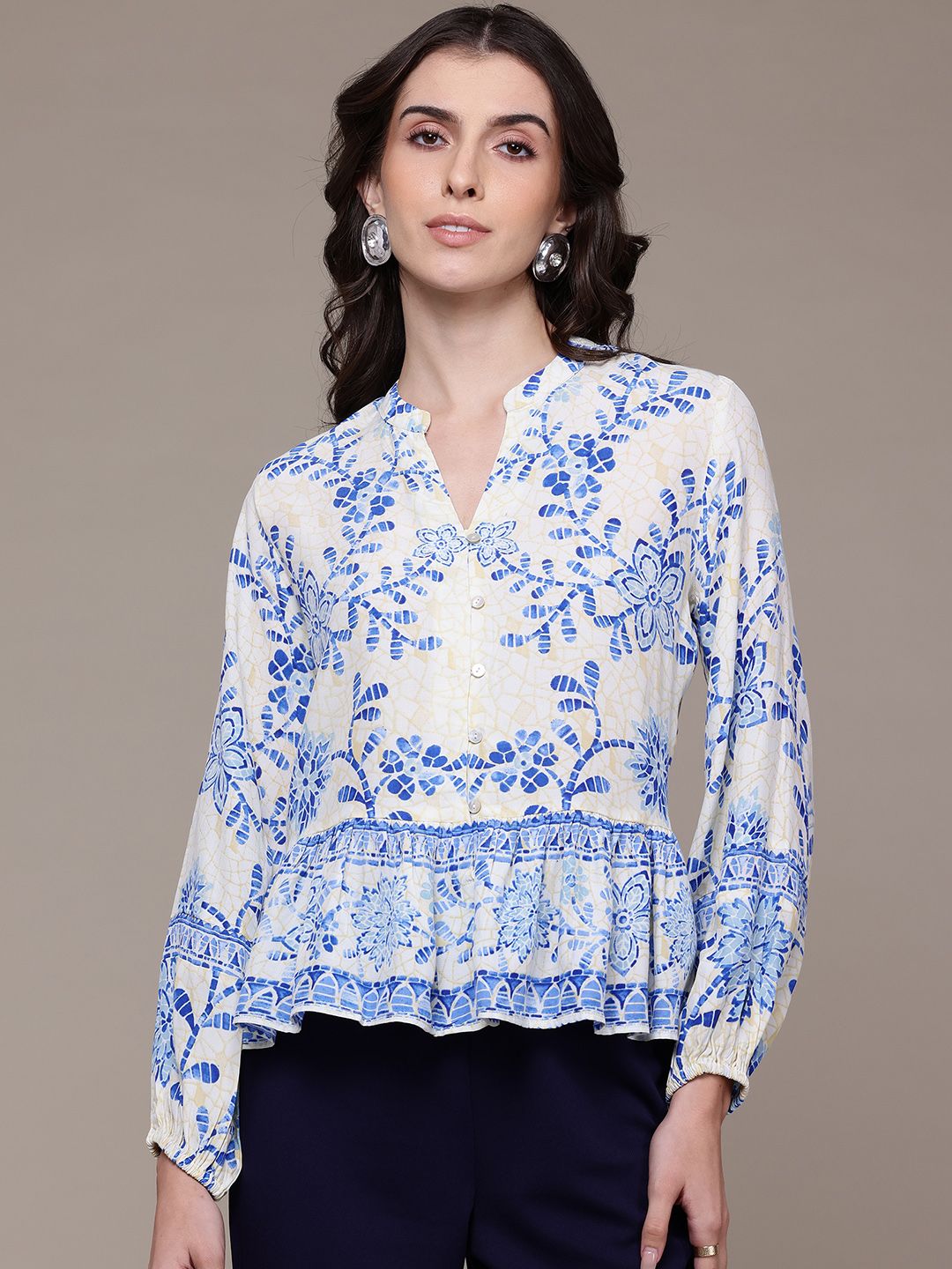 Label Ritu Kumar Floral Print Mandarin Collar Top