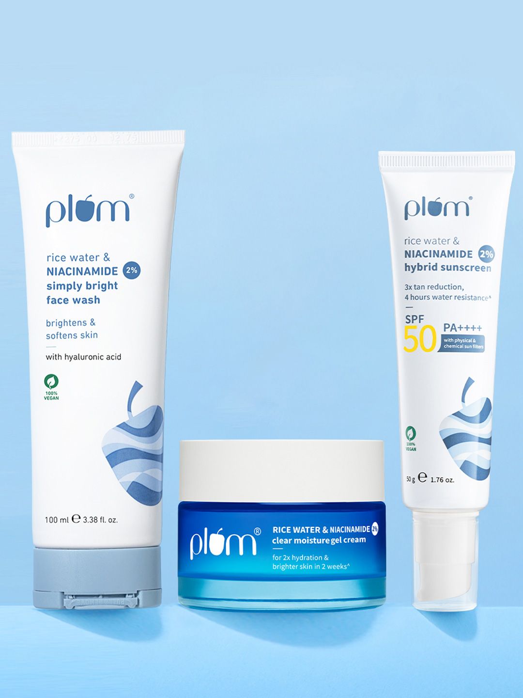 Plum Plum Niacinamide Skin Care Trio - Sunscreen 50g + Clear Gel Cream 50g + Face Wash 100ml