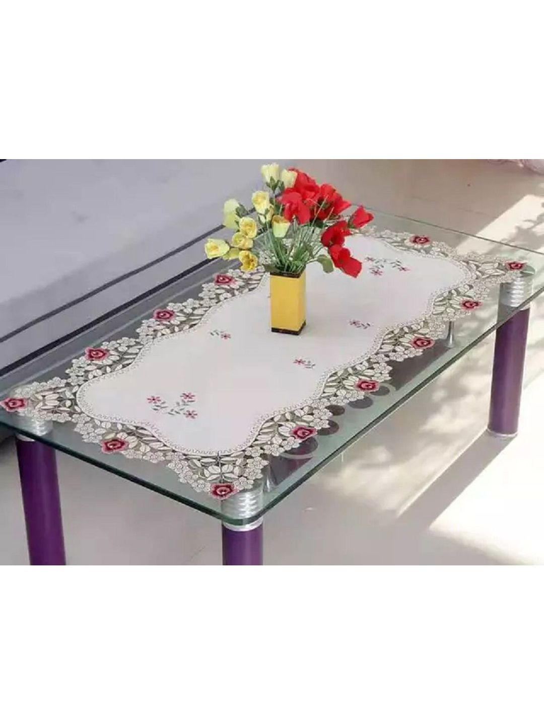 MONKDECOR White & Pink Floral Embroidered Table Runners