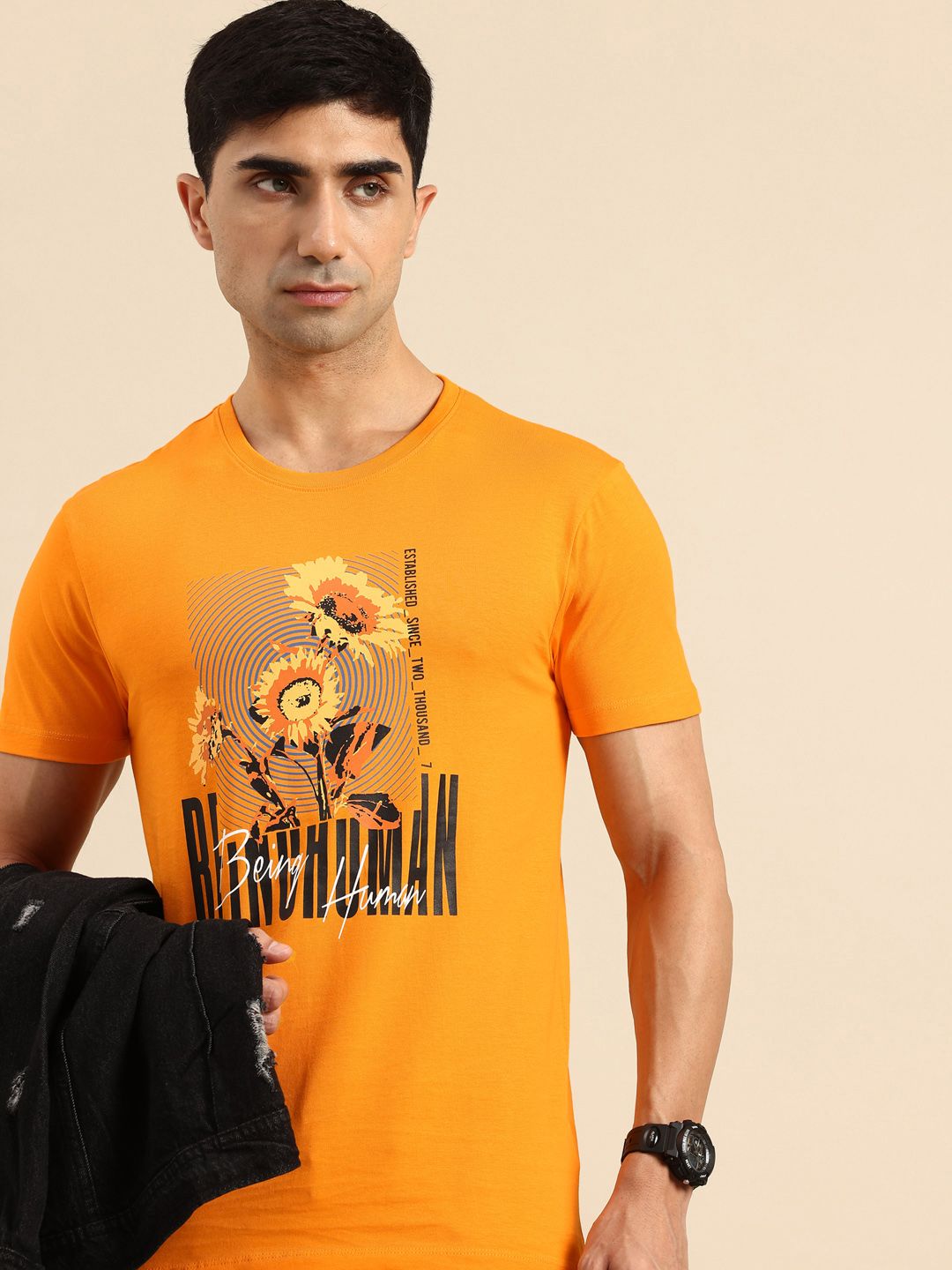 Being Human Pure Cotton Floral Printed Slim Fit T-shirt
