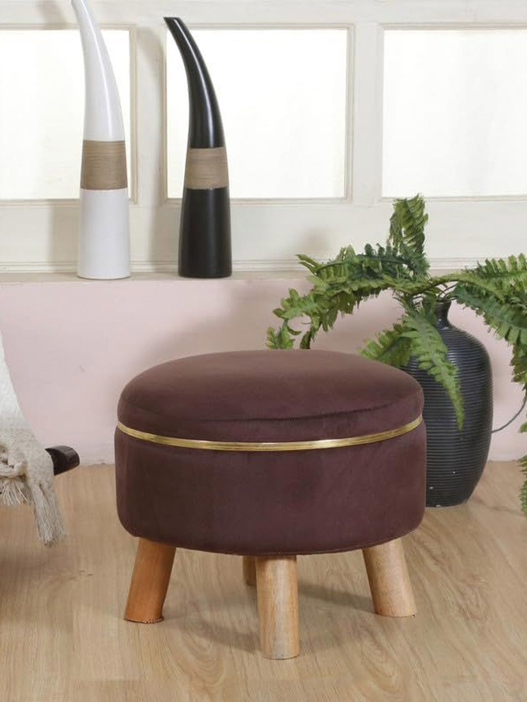 Shadowkart Coffee Brown Wooden Round Ottomans