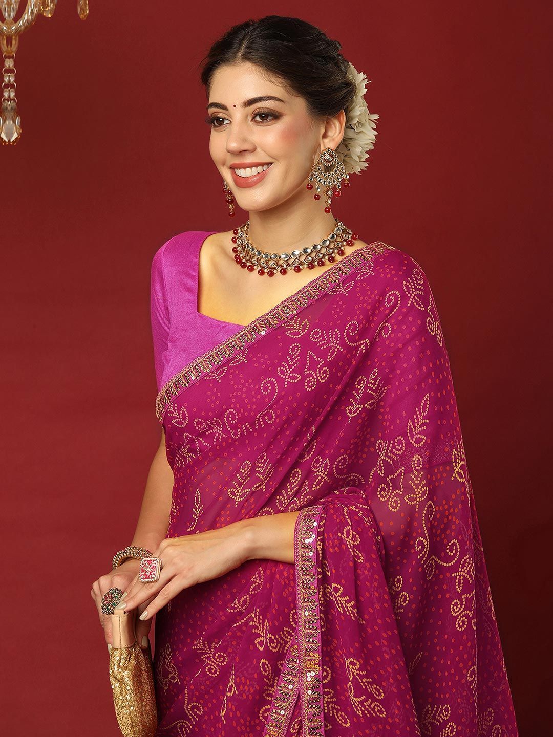 Mitera Bandhani Printed Sequinned Pure Georgette Saree