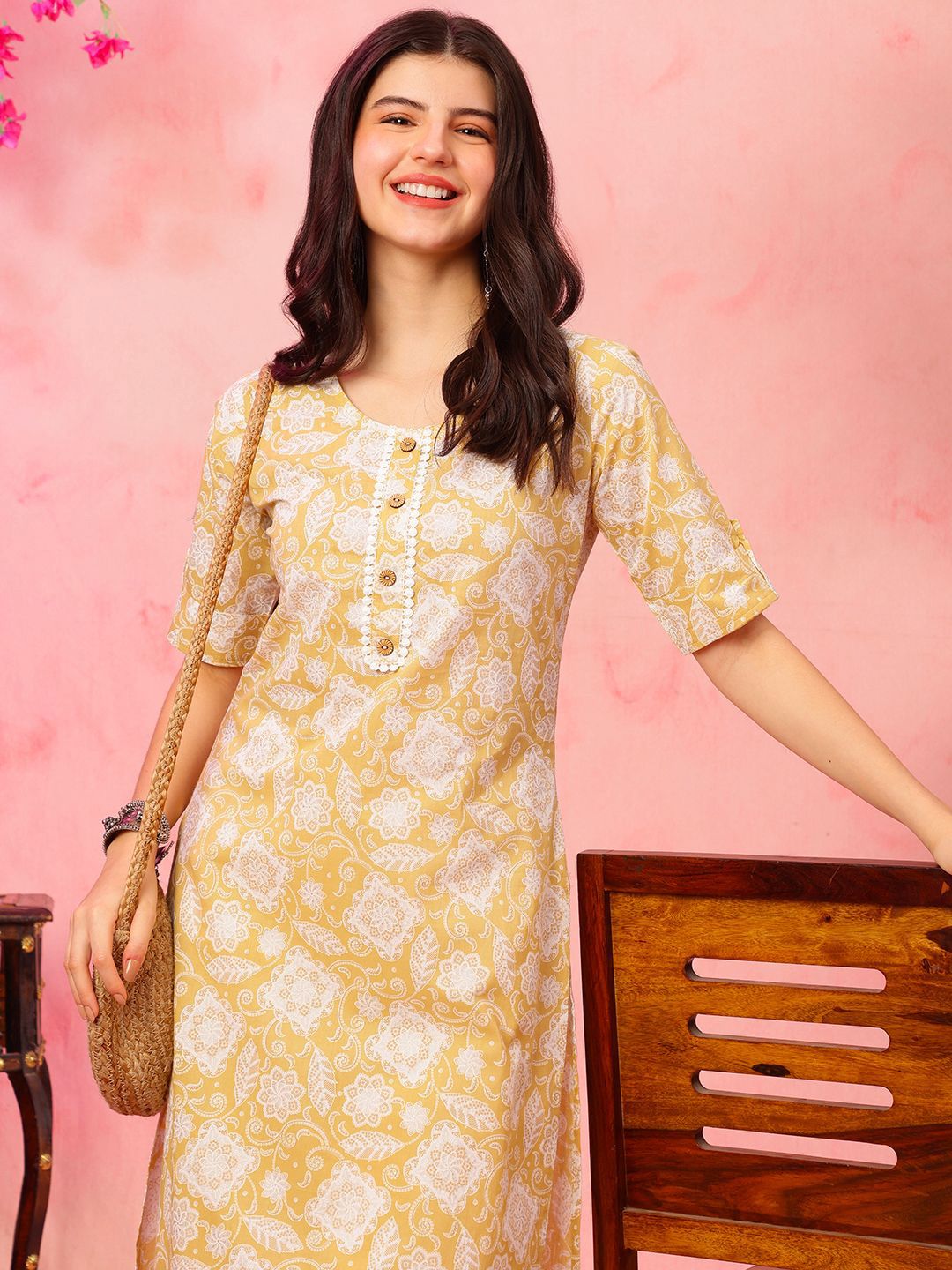 Anouk Rustic Anouk Rustic Floral Printed Round Neck Cotton Straight Kurta