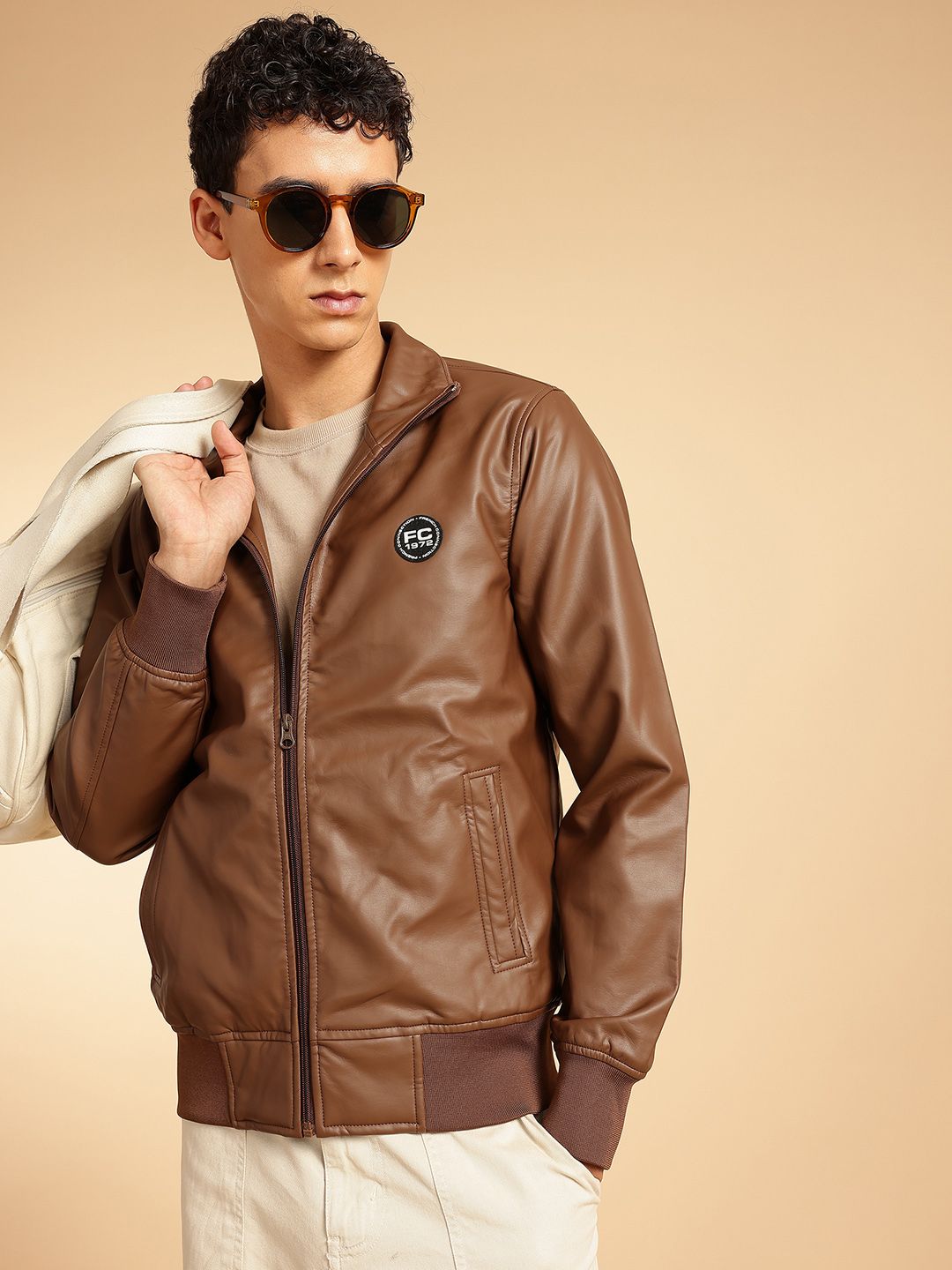 French Connection Mock Collar Leather finish Bomber Jacket