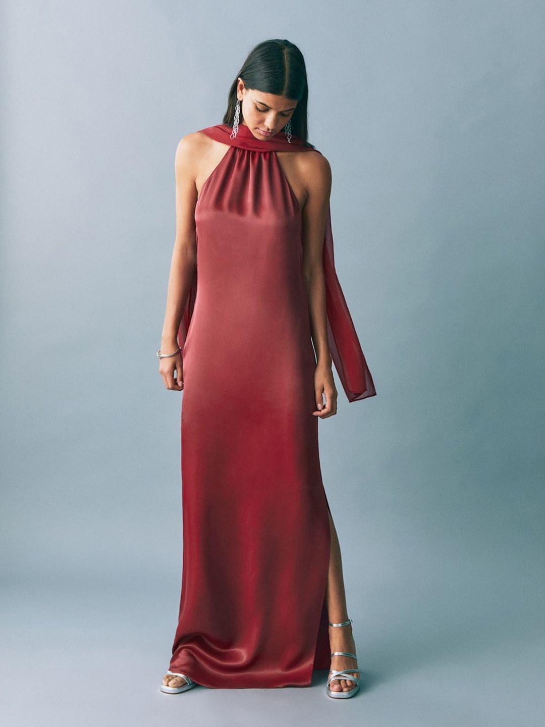 Teen Girls Halter Scarf Neck Satin Maxi Dress