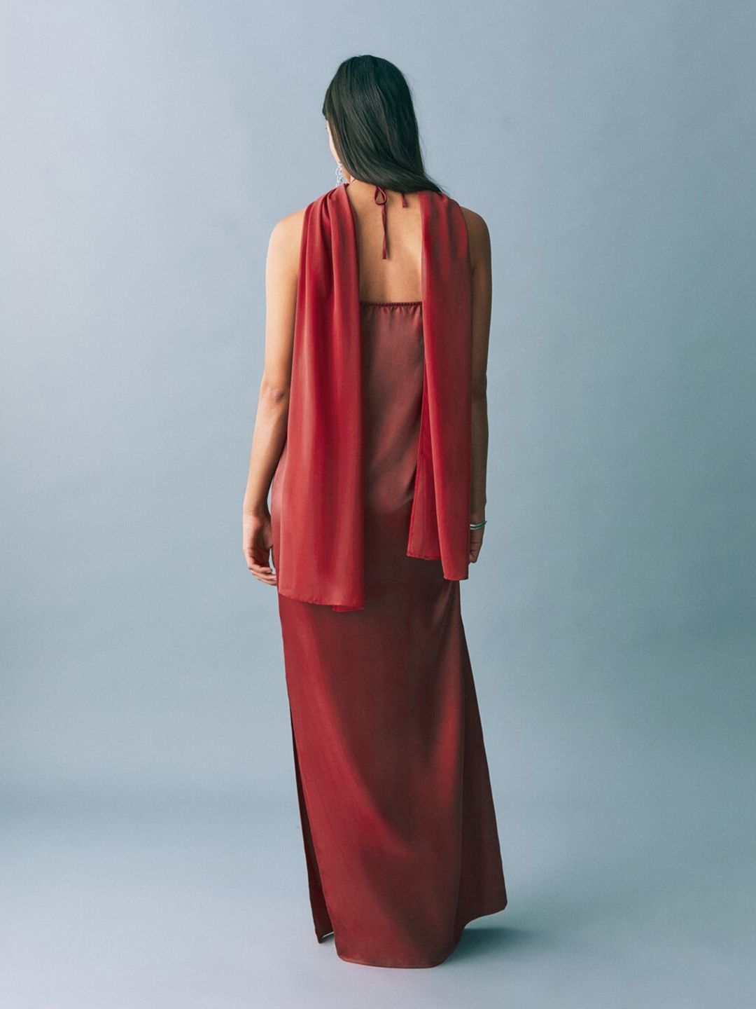 Teen Girls Halter Scarf Neck Satin Maxi Dress