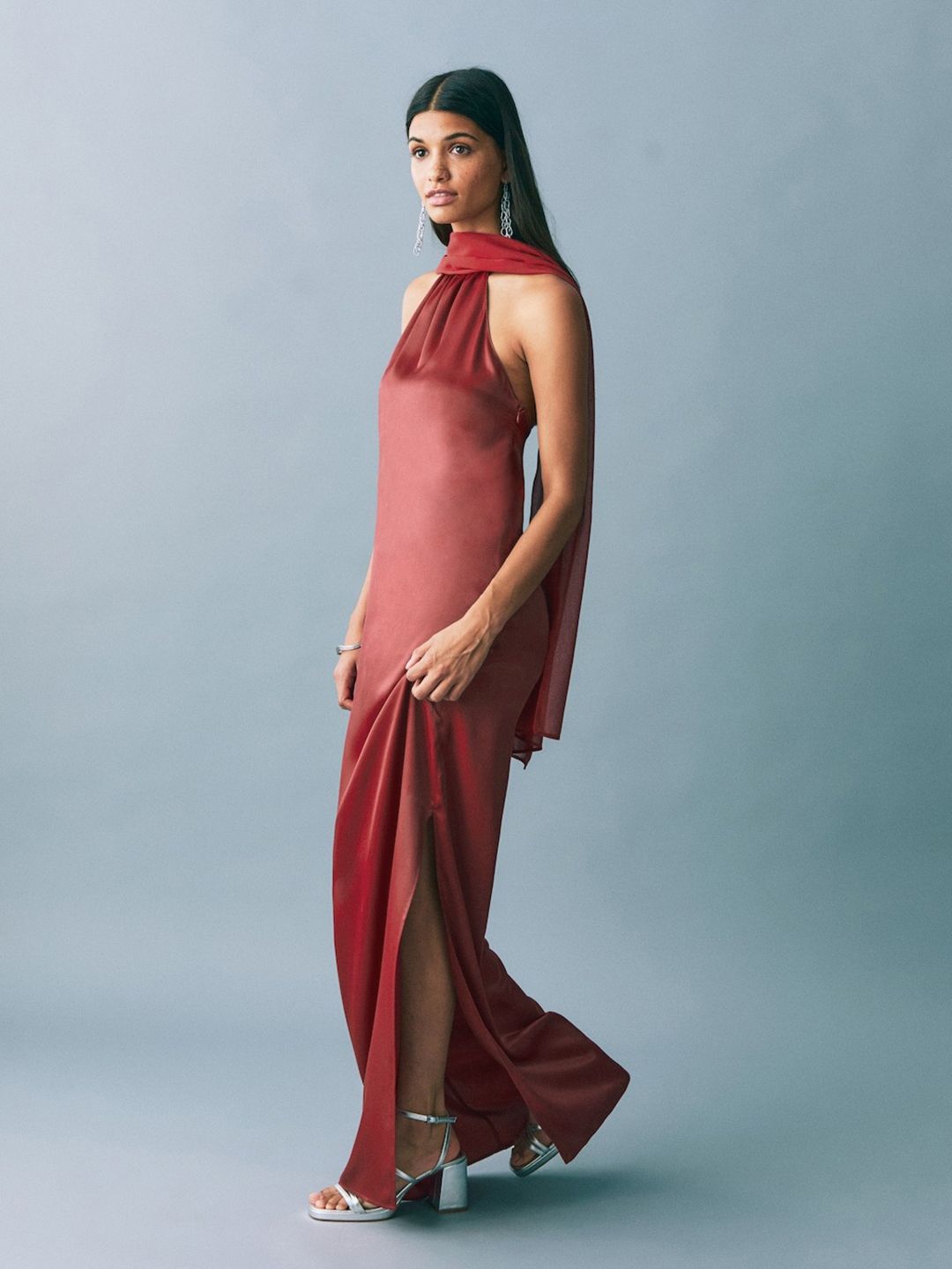 Teen Girls Halter Scarf Neck Satin Maxi Dress
