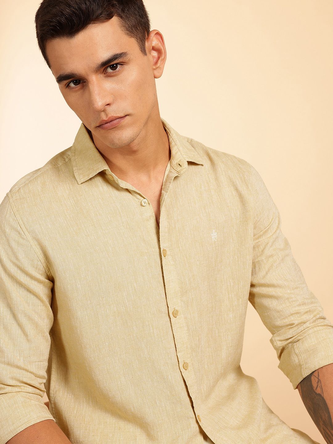 French Connection Men Solid Slim Fit Cotton Linen Casual Shirt