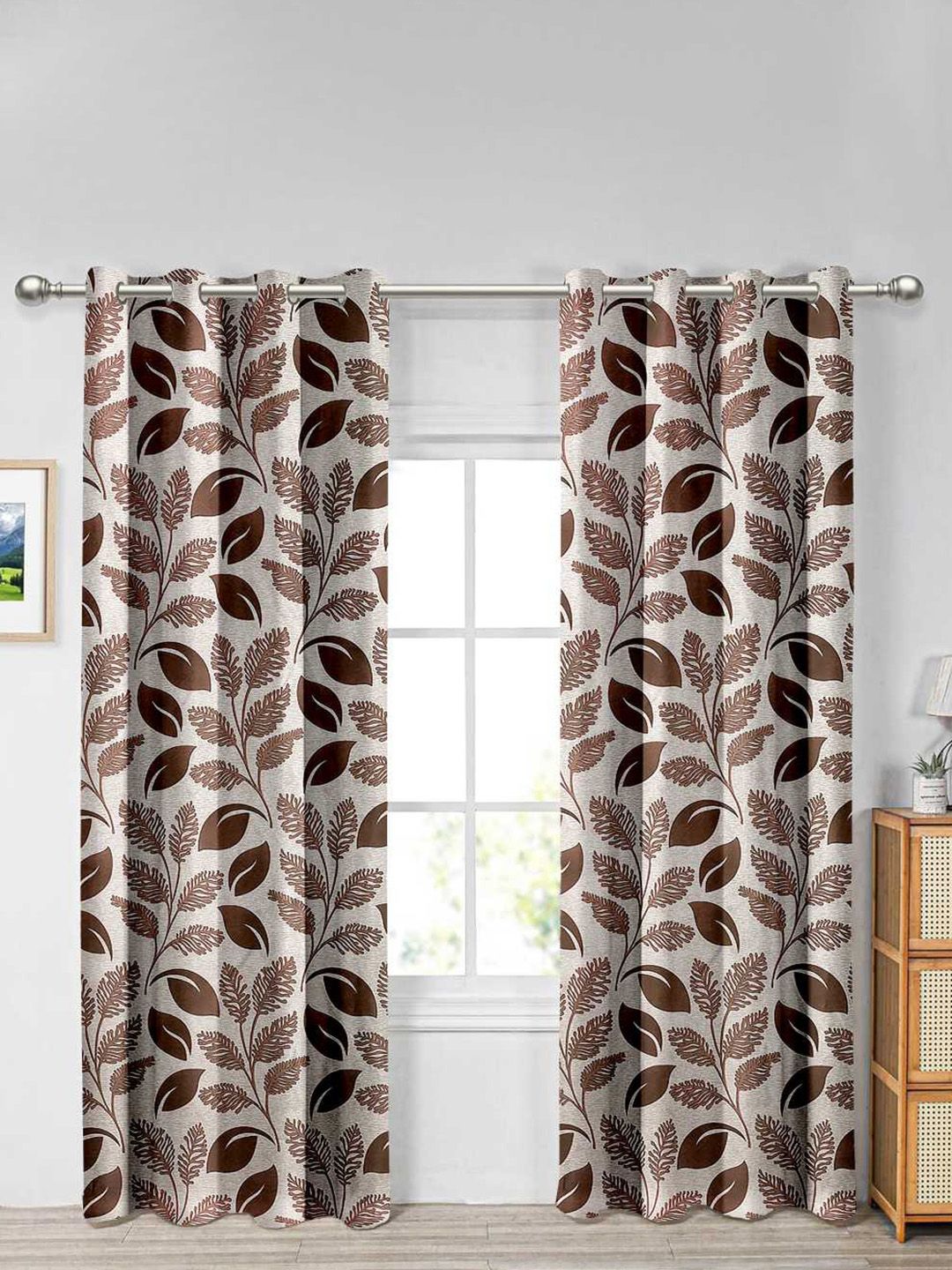 Aura Brown & Beige Set of 2 Floral Door Curtain