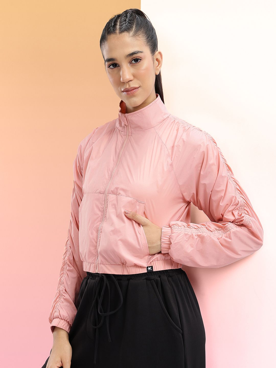 HRX by Hrithik Roshan Mock Collar Ruched Crop Tailored Jacket
