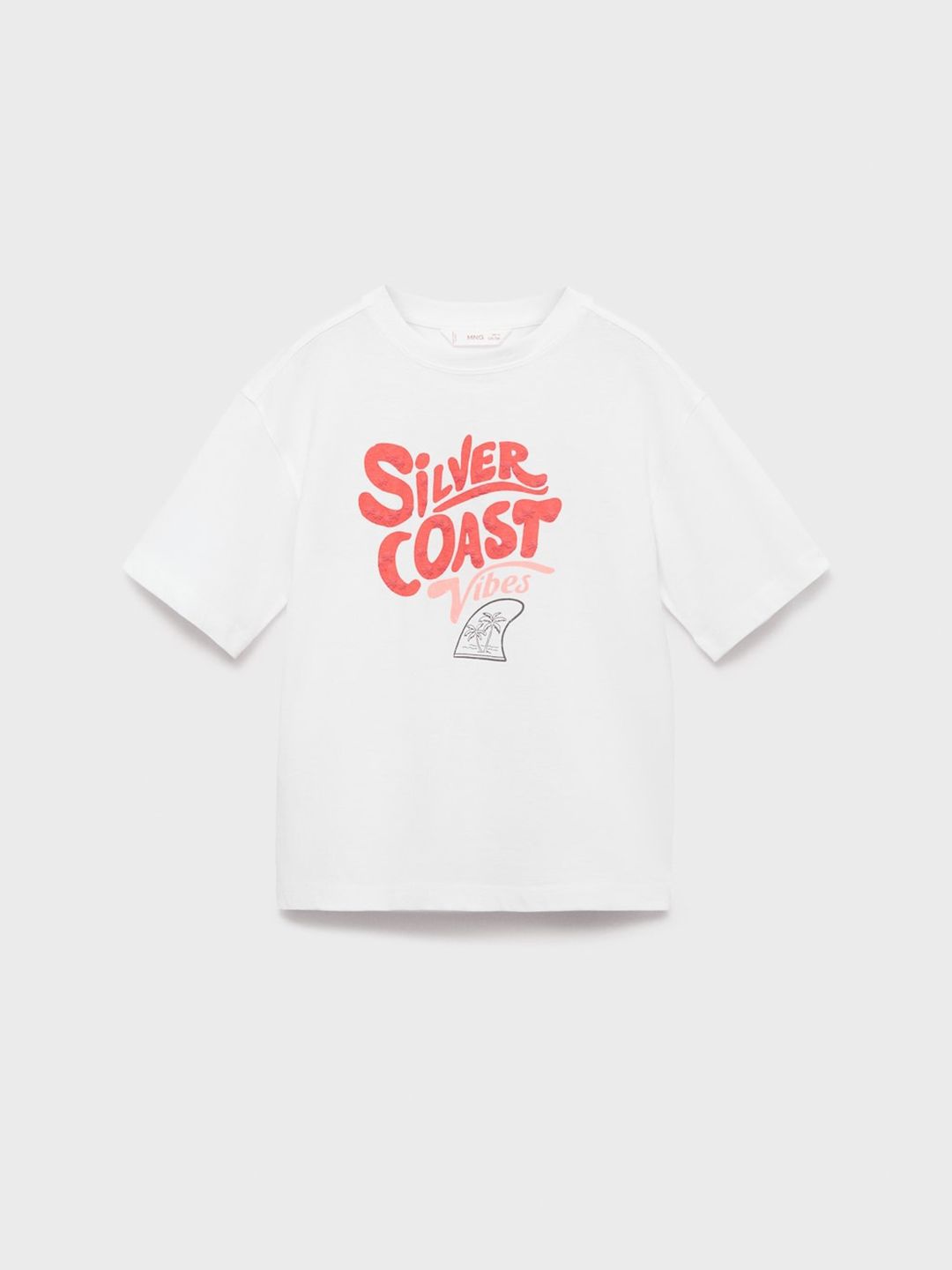 Mango Kids Boys Puff Typography Print Drop-Shoulder Sleeves Tropical Pure Cotton T-shirt