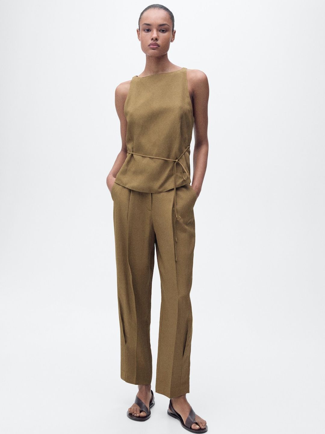 Sleeveless Side Slit Top With Belt