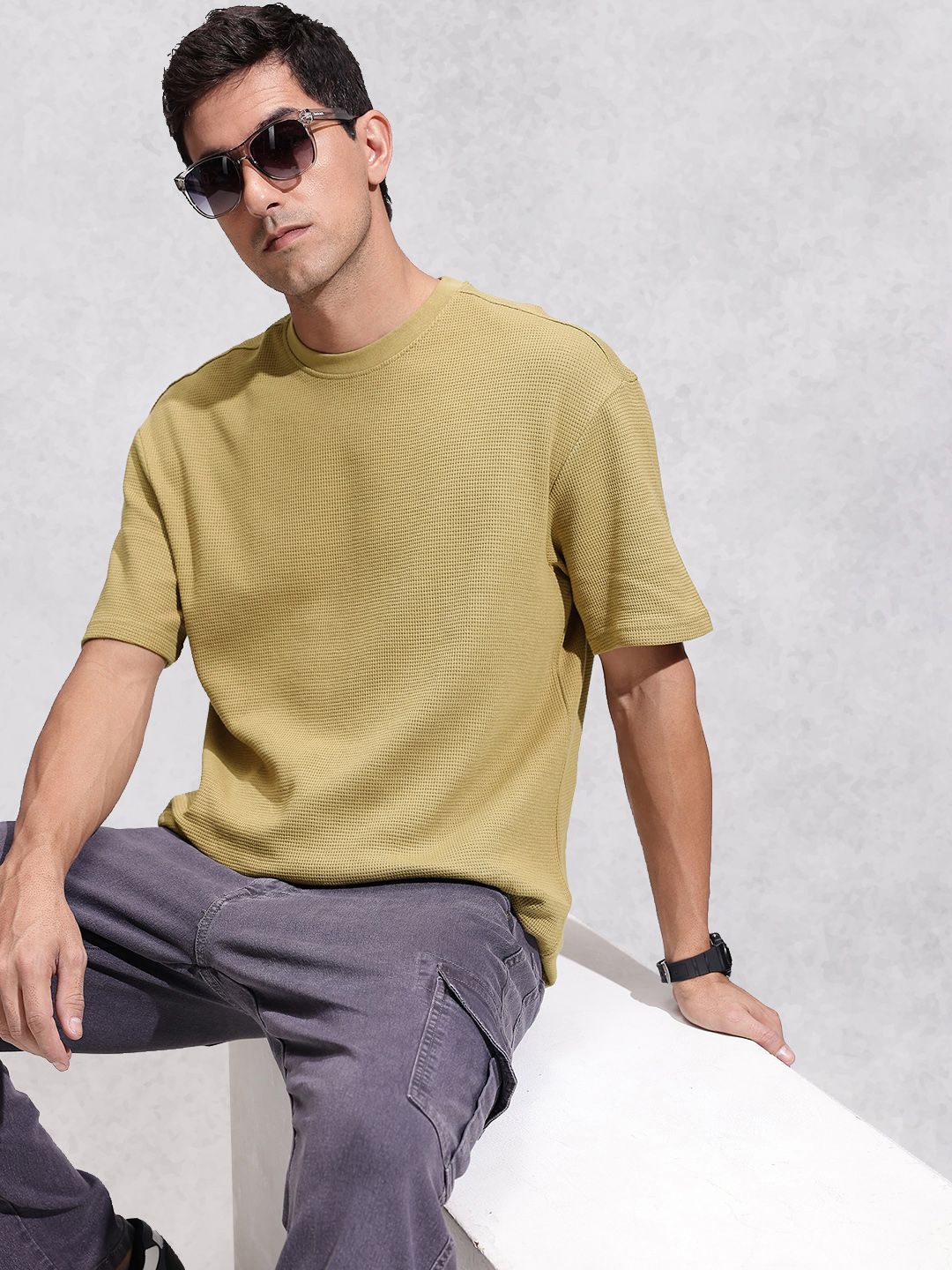 WROGN Self Design Textured Pure Cotton Oversized T-shirt