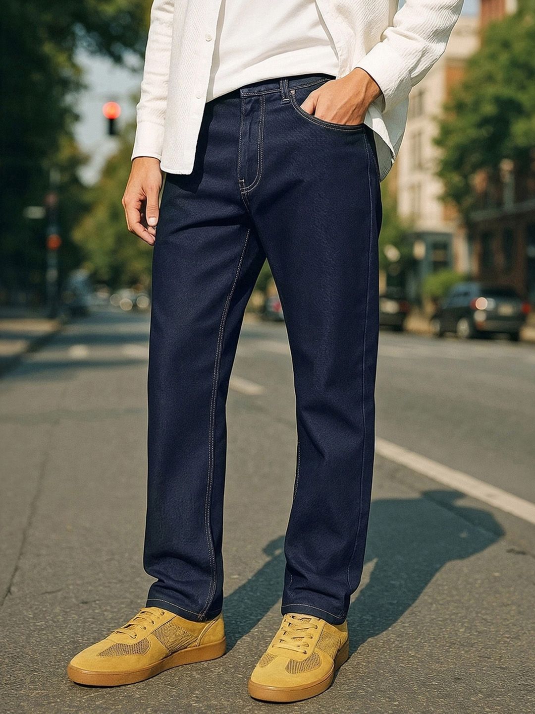 Bewakoof Men's Indigo Blue Slim Straight Fit Stretchable Mid-Rise Jeans