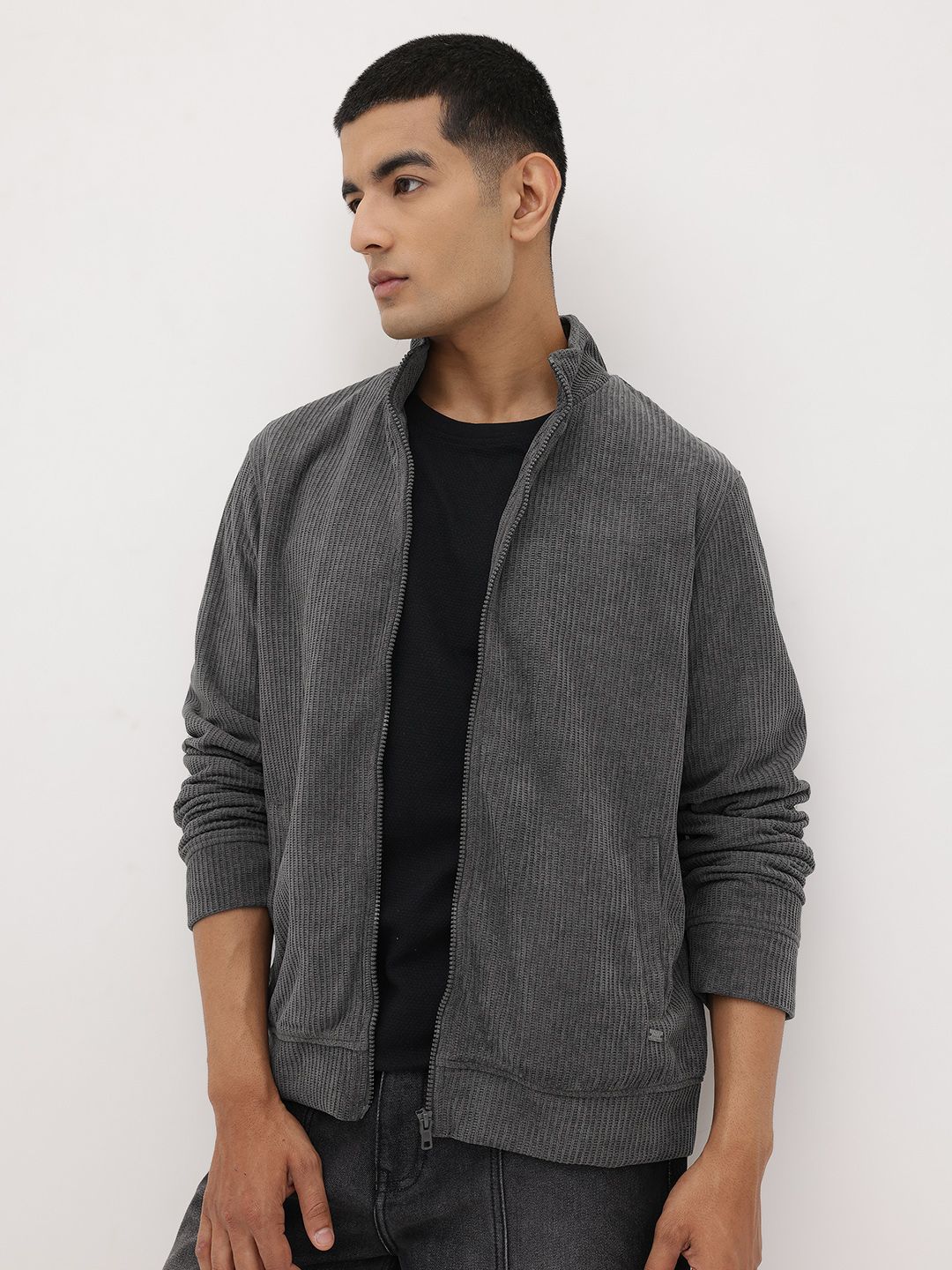 The Roadster Life Co. Mock Collar Self-Striped Tailored Jacket