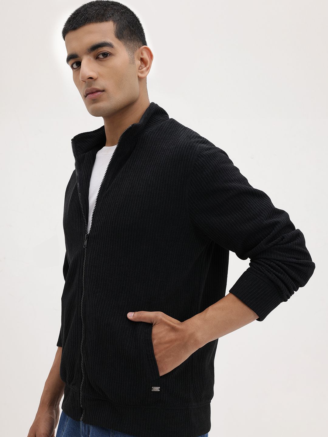 The Roadster Life Co. Mock Collar Self-Striped Tailored Jacket
