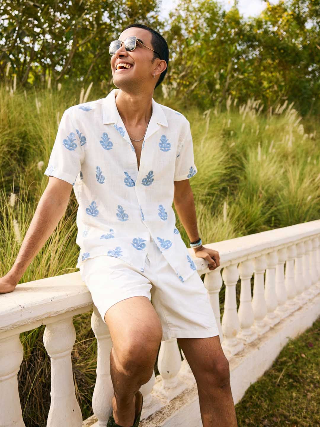 VASTRADO Men Classic Oversized Fit White & Blue Self Design Cuban Collar Casual Shirt