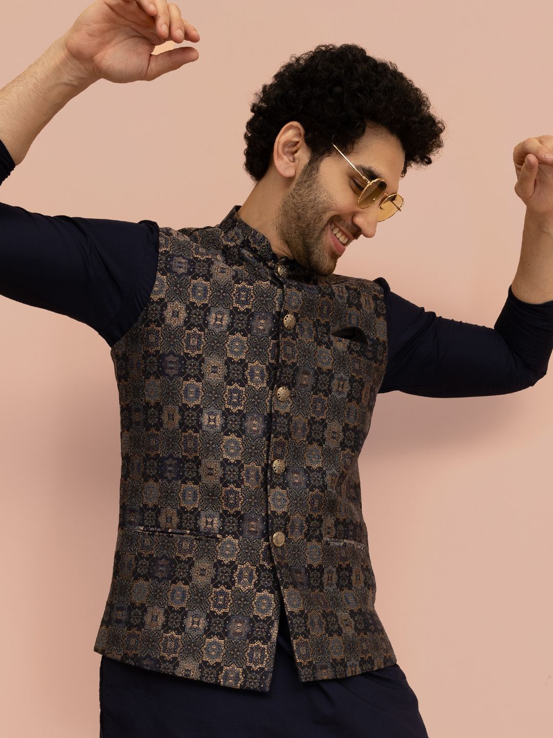 KISAH Men Navy Blue Jacquard Geometric Nehru Jackets