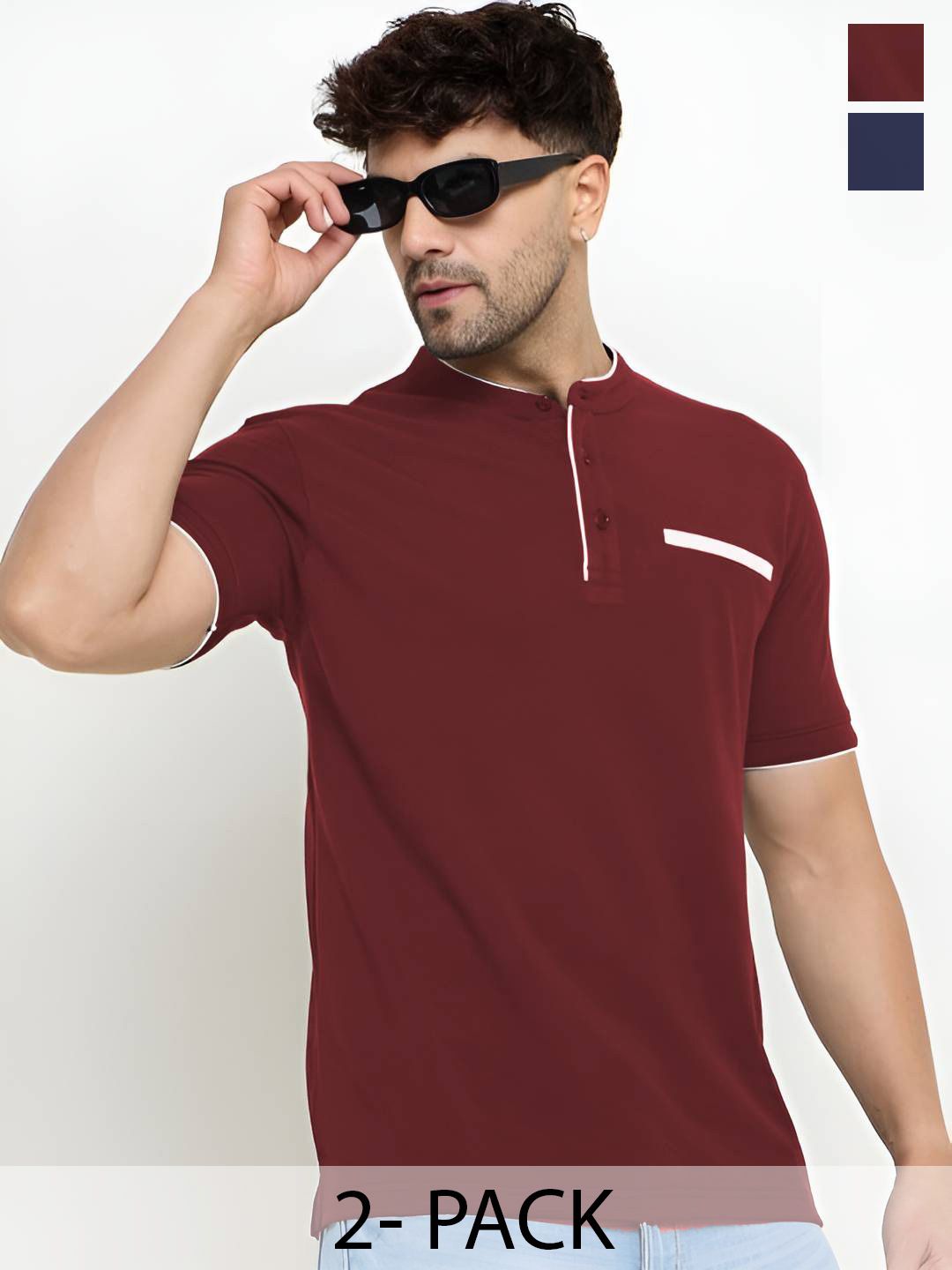 REYA Pack Of 2 Mandarin Collar Cotton T-shirts