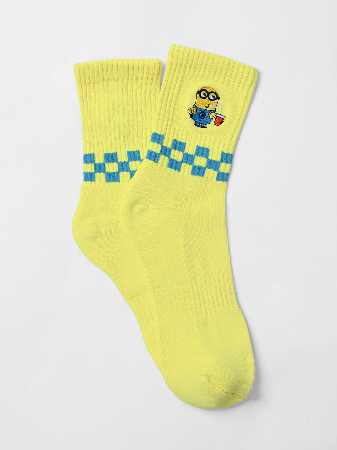 The Souled Store Unisex Official Minions yellow Embroidered Cotton Crew Socks