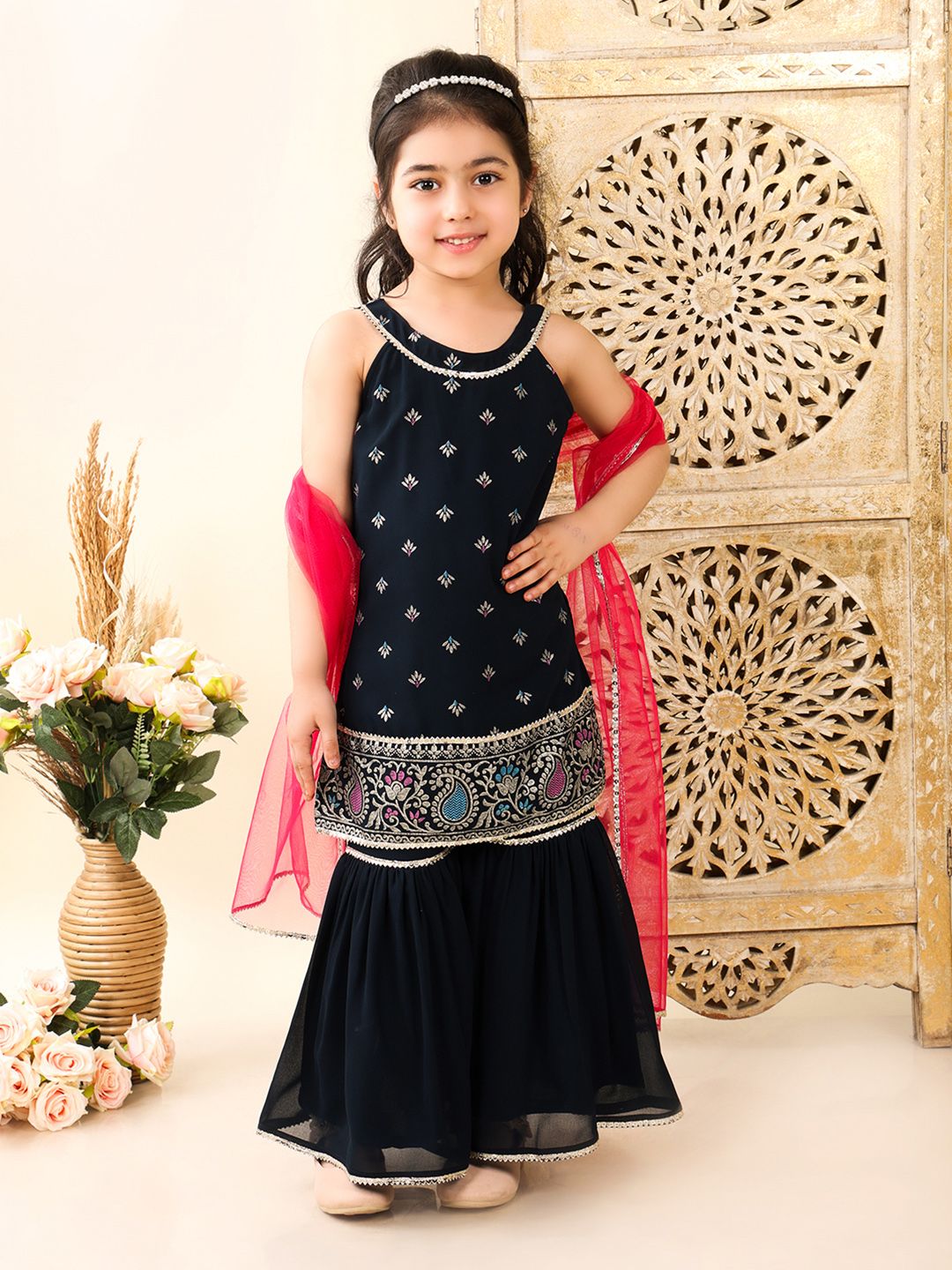 Superminis Girls Floral Embroidered Kurta with Sharara & Dupatta