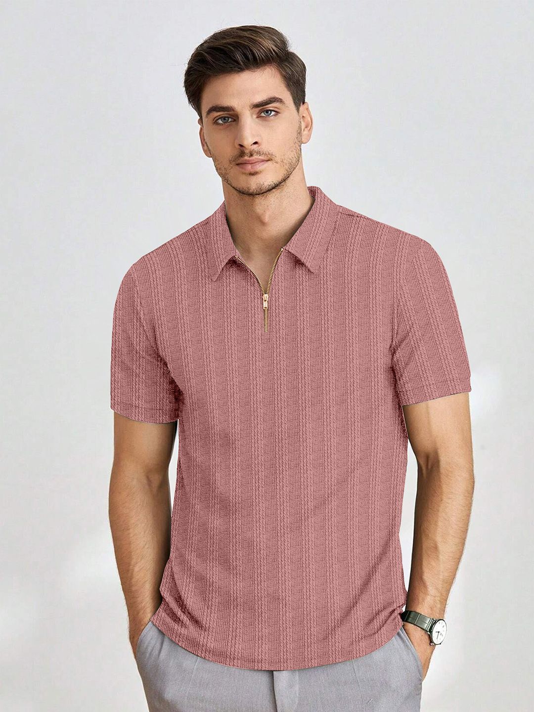 Men Self Design T-shirt Moda Rapido Men Self Design Polo Collar T-shirt