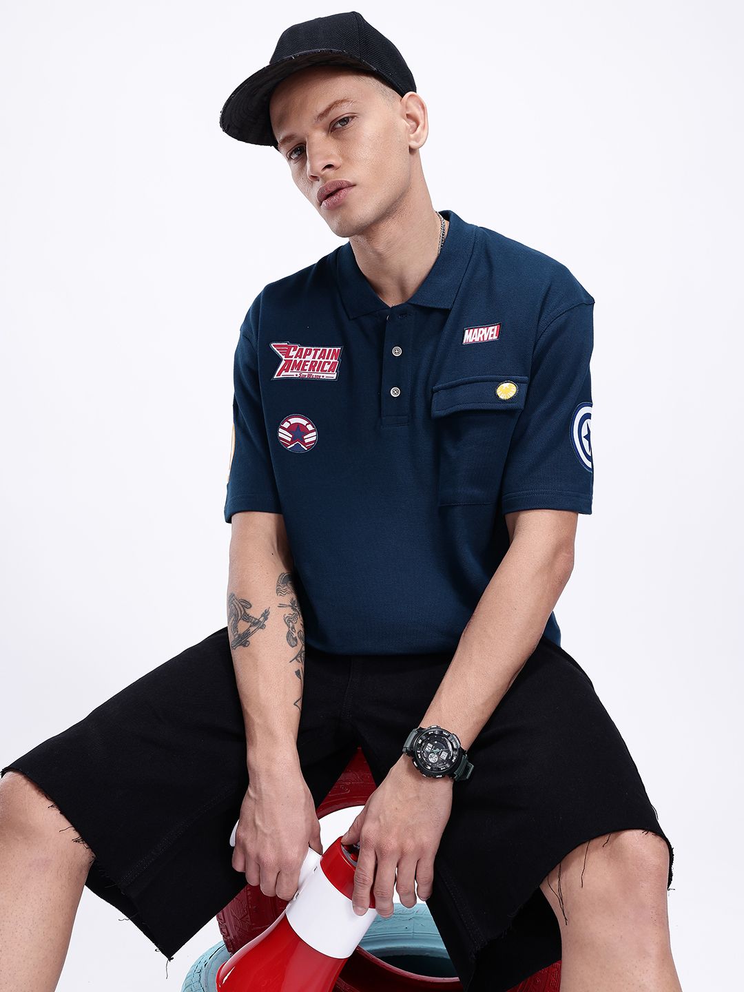 Kook N Keech Marvel Captain America Printed Polo Collar Oversized T-shirt