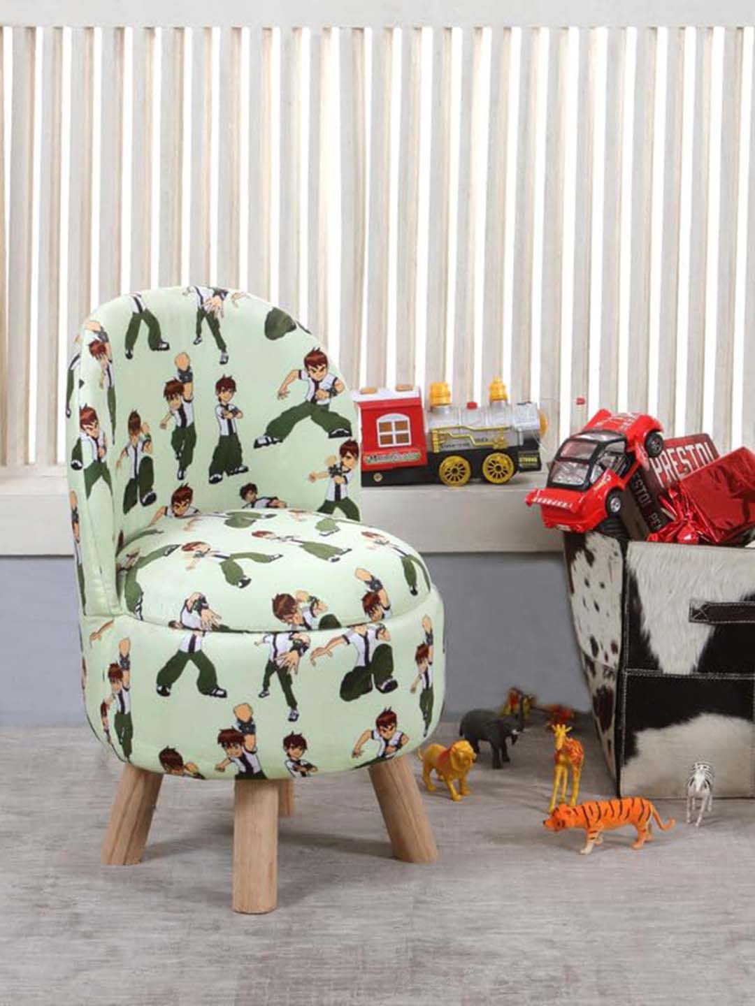 Shadowkart Green & White Printed Wooden Anti-Flip Pouffe Ottoman