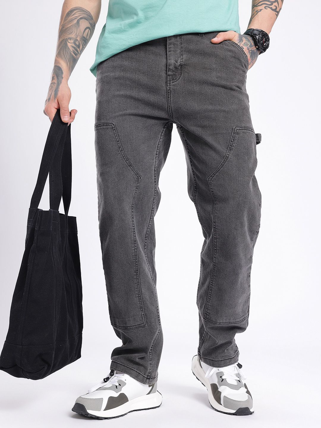 glitchez Men Carpenter Fit Light Fade Stretchable Cargo Style Jeans