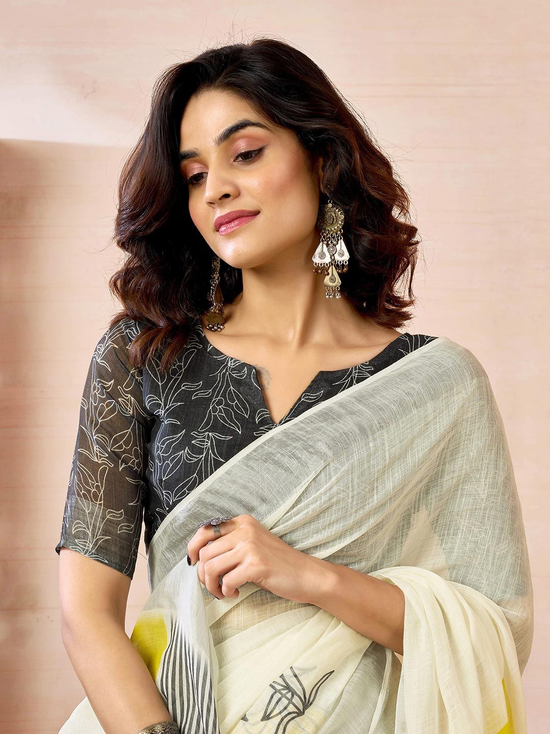 Mitera Ethnic Motifs Pure Linen Ready to Wear Saree Price in India