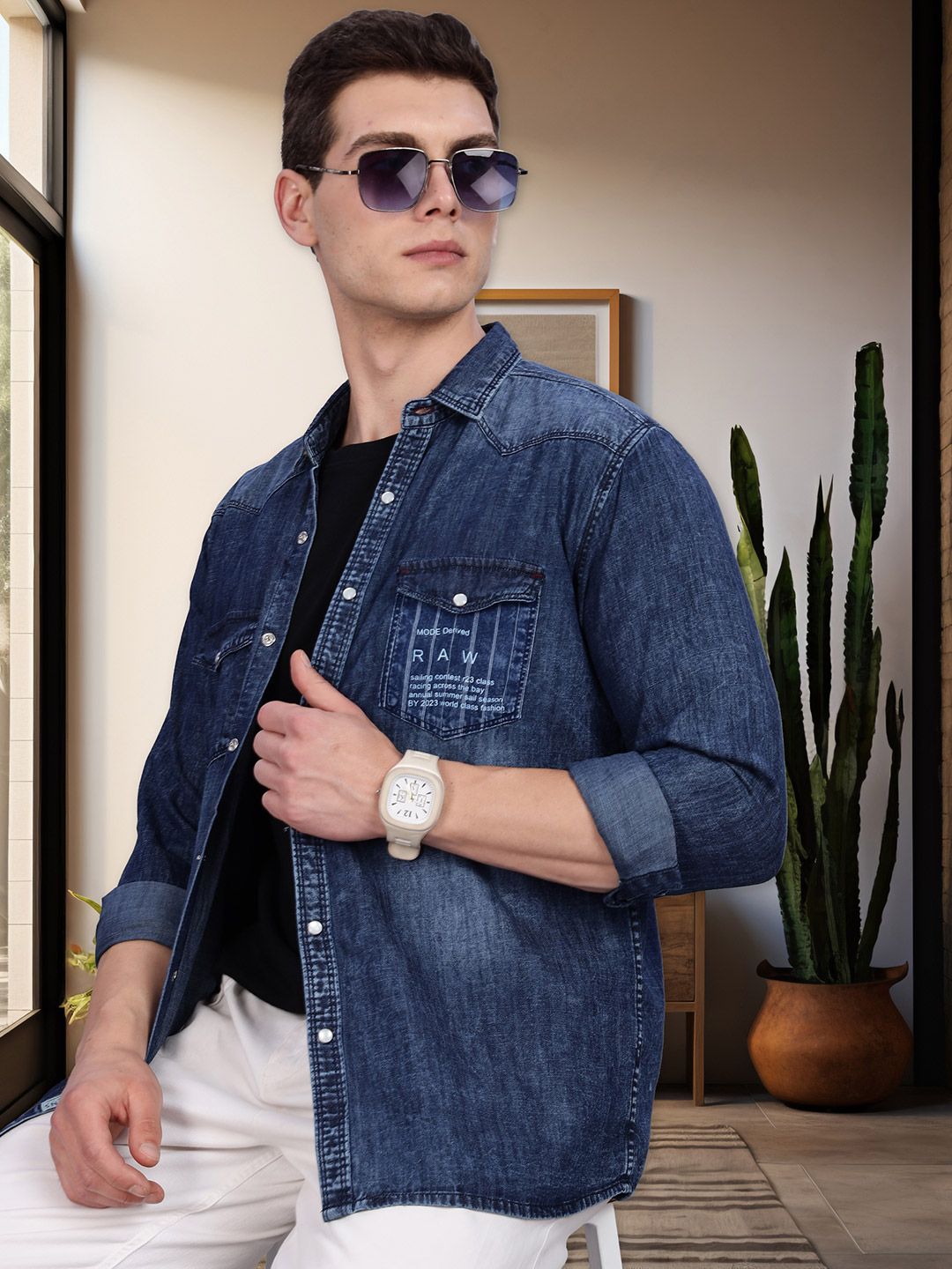 Buy fanideaz Men Classic Spread Collar Graphic Printed Denim