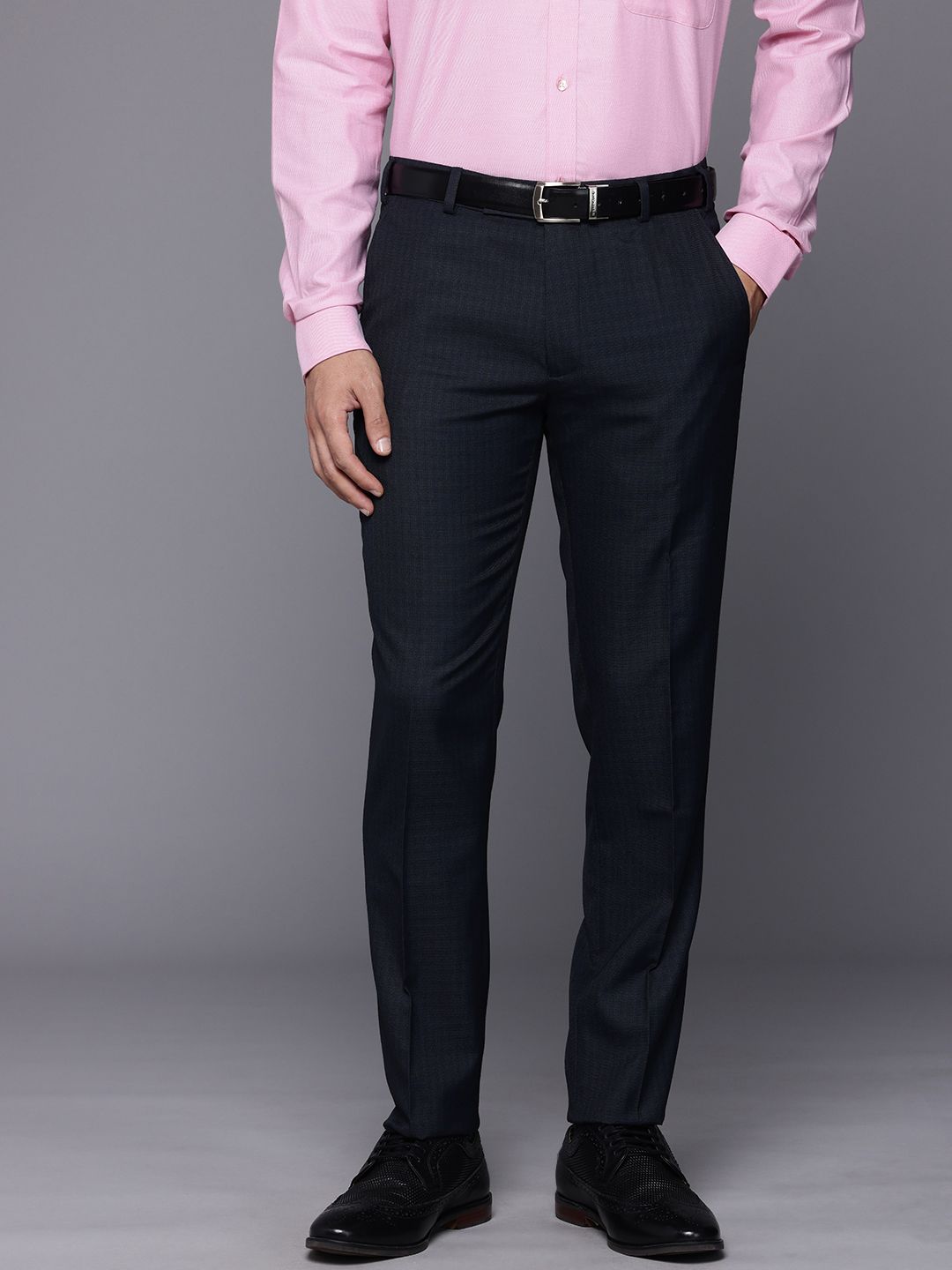 Raymond Men Textured Checked Slim Fit Formal Trousers