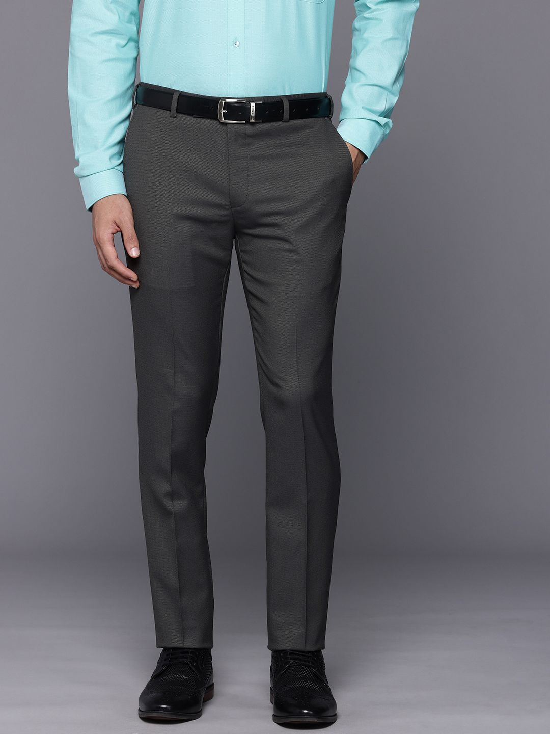 Raymond Men Self Design Textured Slim Fit Formal Trousers deal from myntra