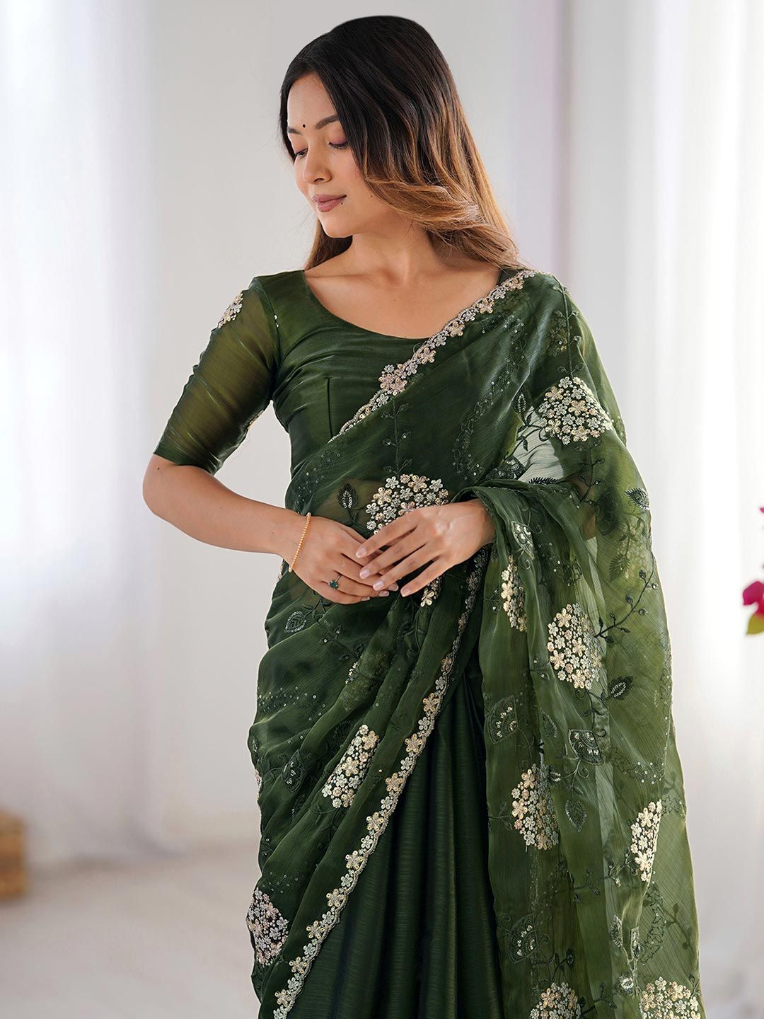 Buy Satrani Striped Sequinned Pure Chiffon Saree - Sarees for