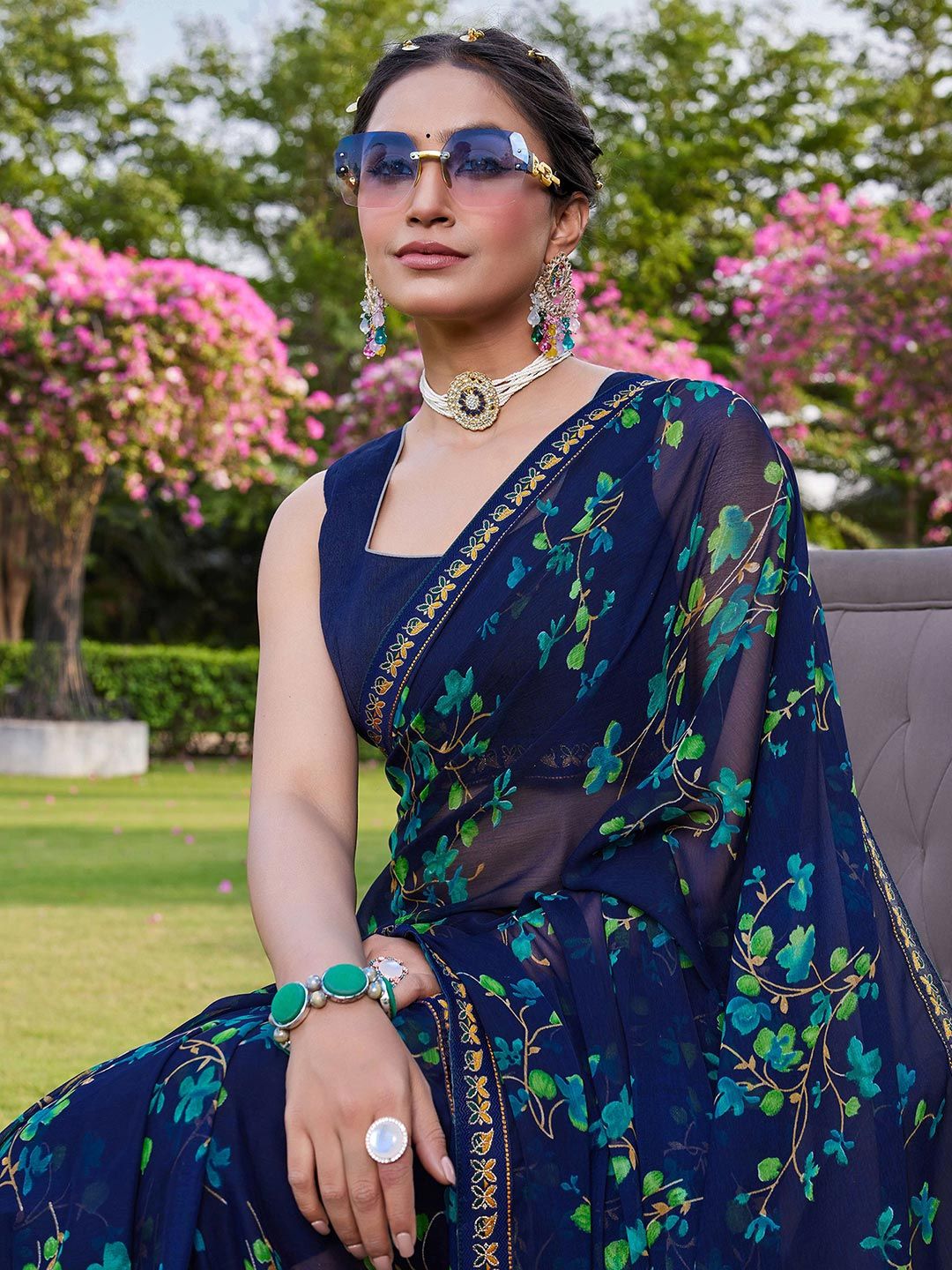 KALINI Women Blue Floral Pure Chiffon Saree Price in India