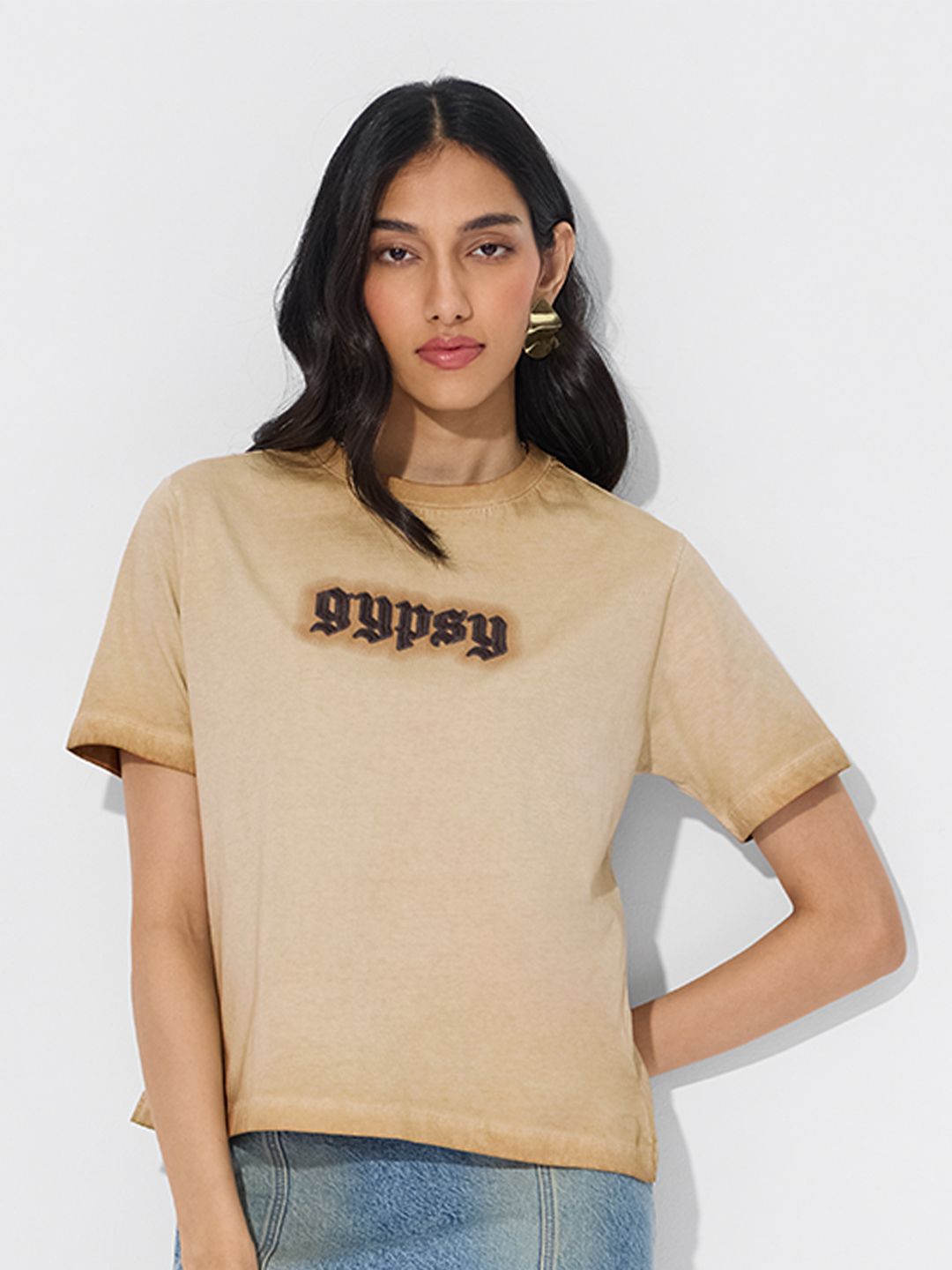 The Souled Store Women Relaxed Fit Printed Beige T-Shirts
