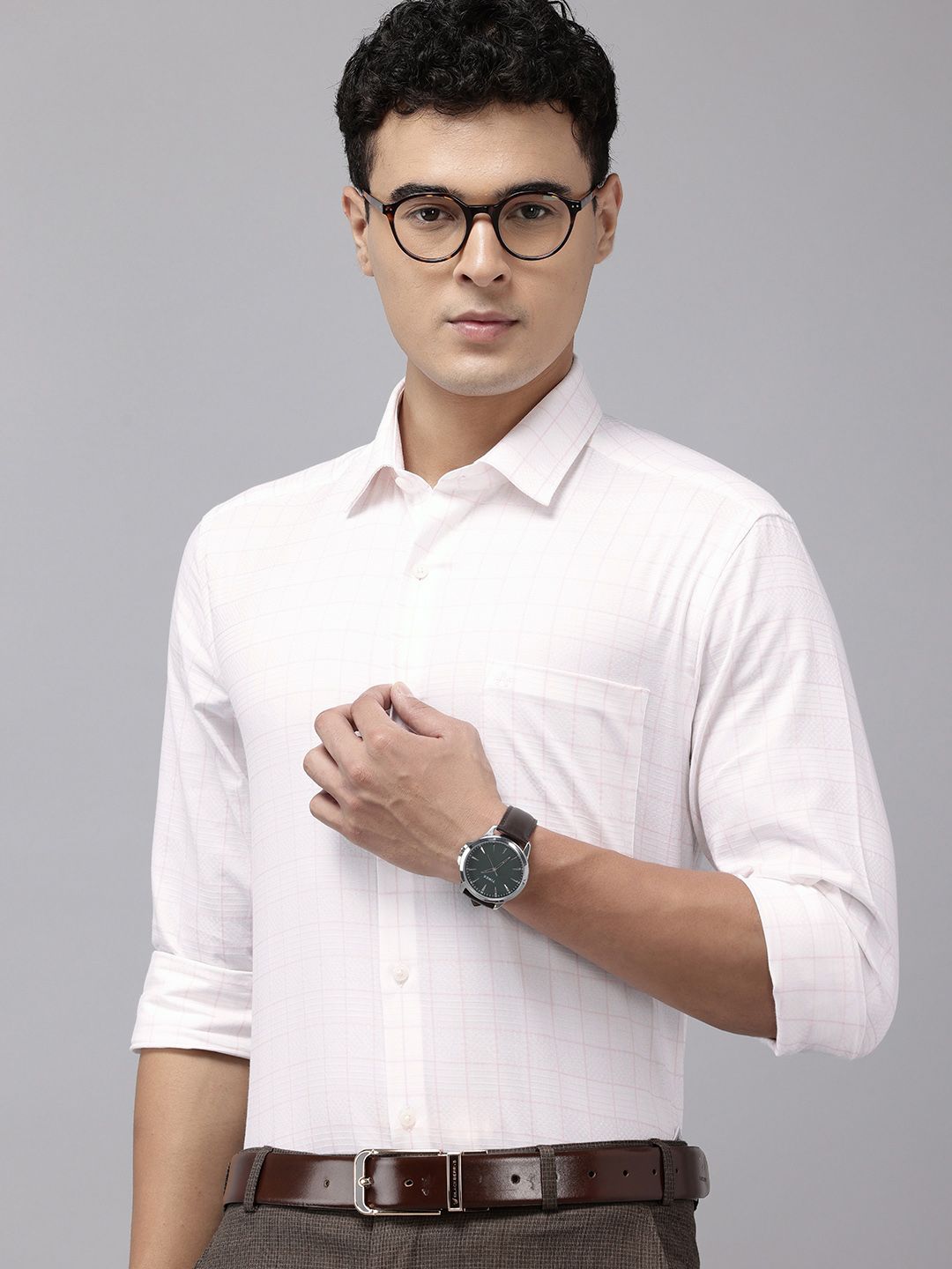 Arrow Pure Cotton Manhattan Slim Fit Grid Tattersall Checked Textured Formal Shirt