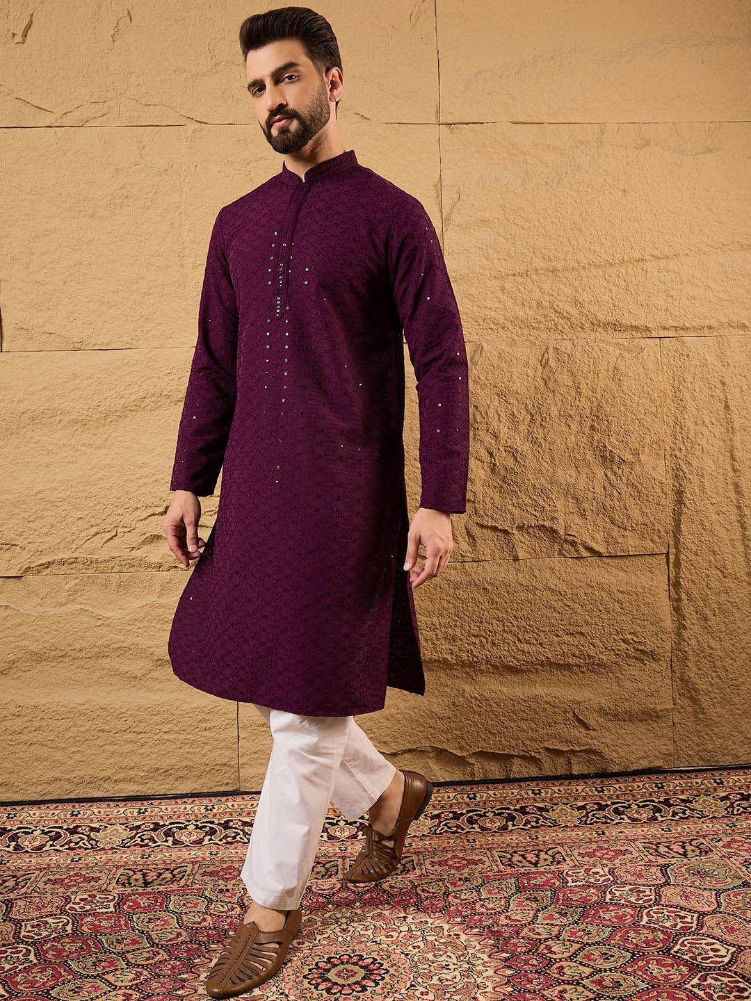 House of Pataudi Embroidered Sequinned Mandarin Collar Straight Kurta