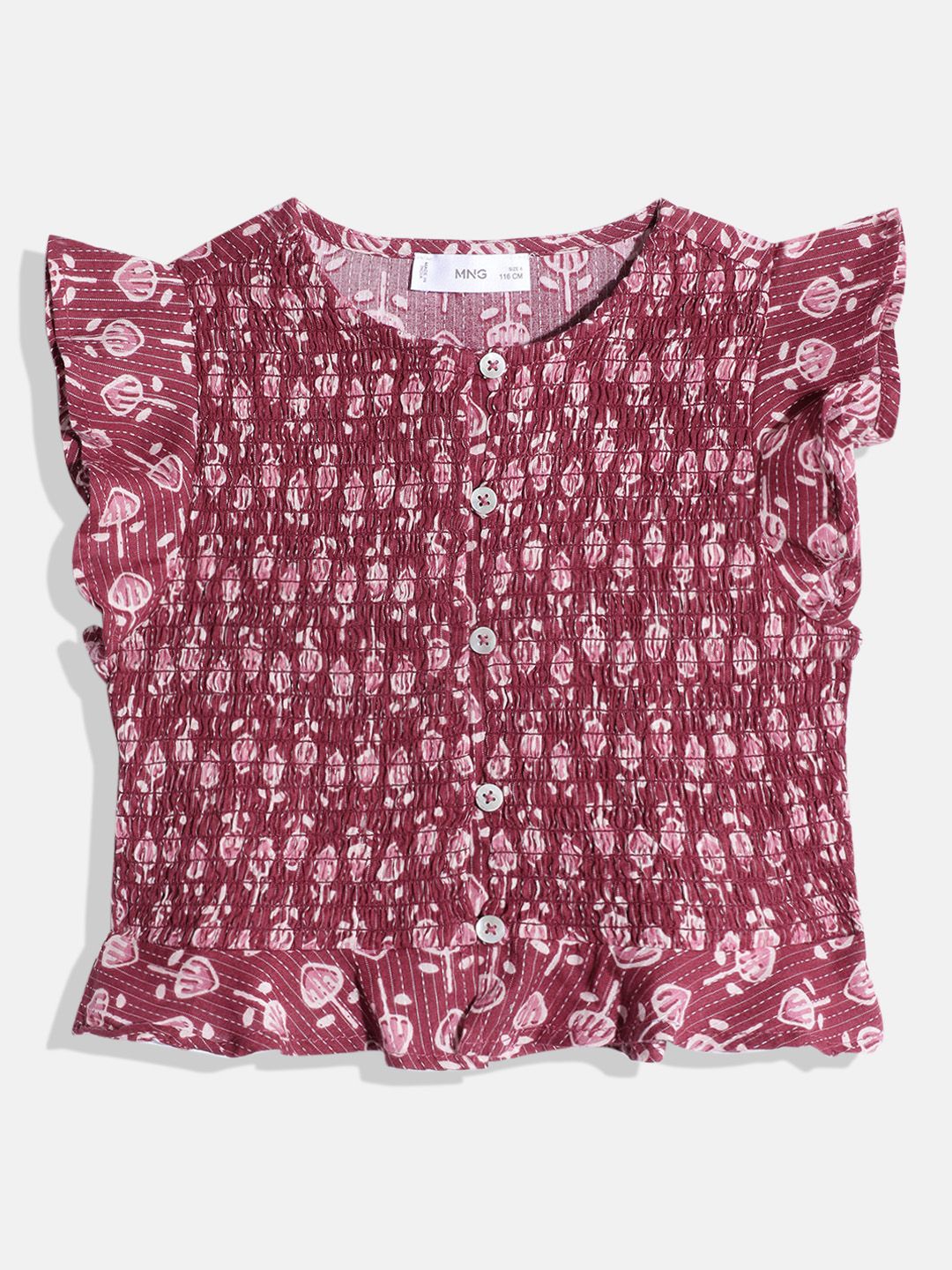 Mango Kids Girls Ethnic Print Flutter Sleeve Smocked Crop Top