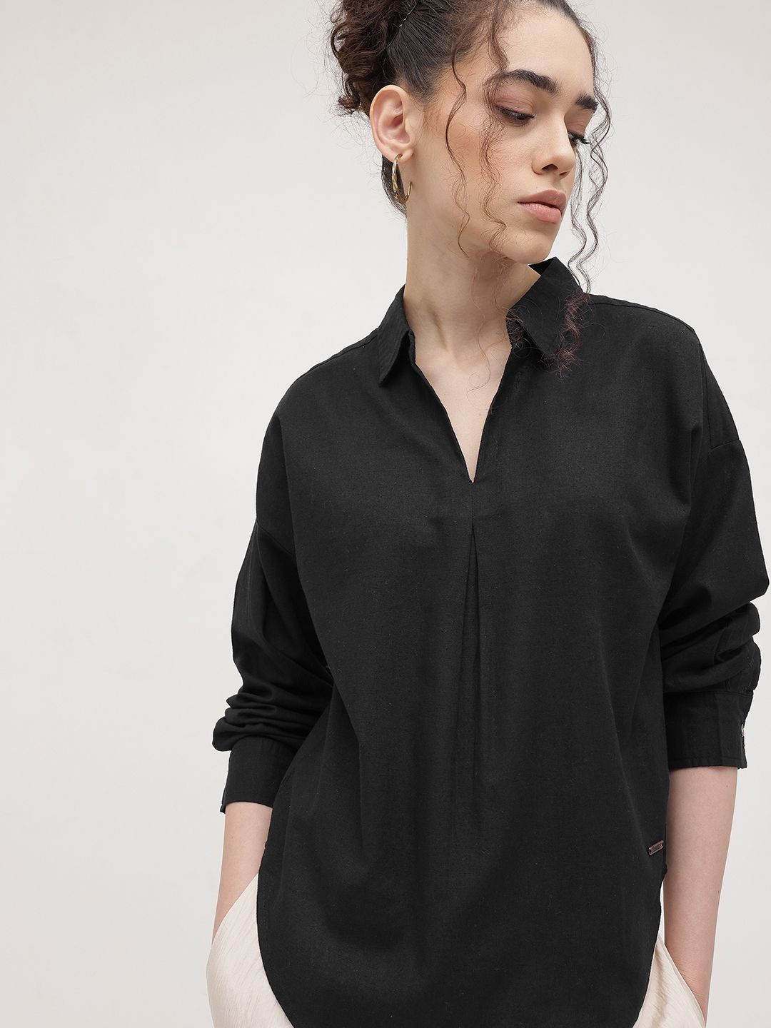 トップス BF Buy The Roadster Lifestyle Co. Solid Linen Shirt Style Longline