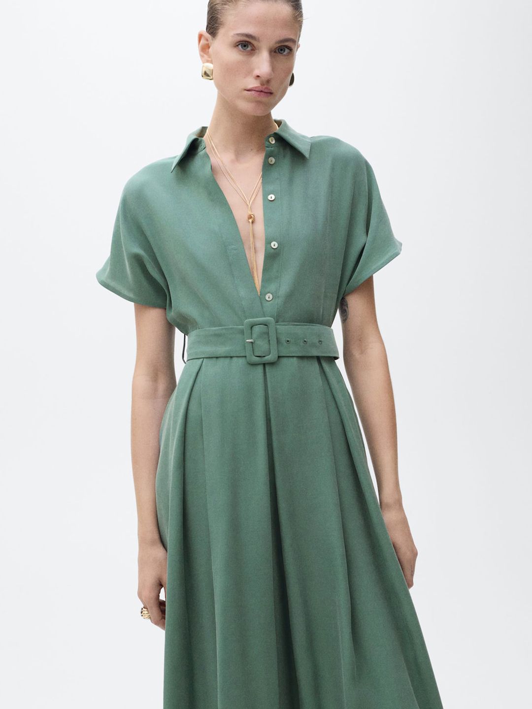 Shirt Collar Pleated Detail Extended Sleeves A-Line Midi Dress with Belt