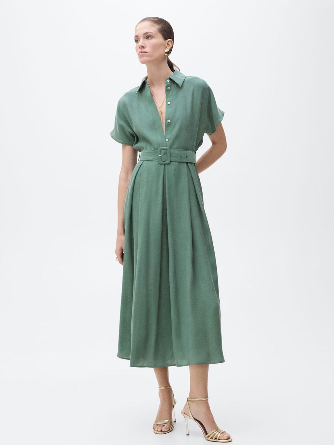 Shirt Collar Pleated Detail Extended Sleeves A-Line Midi Dress with Belt