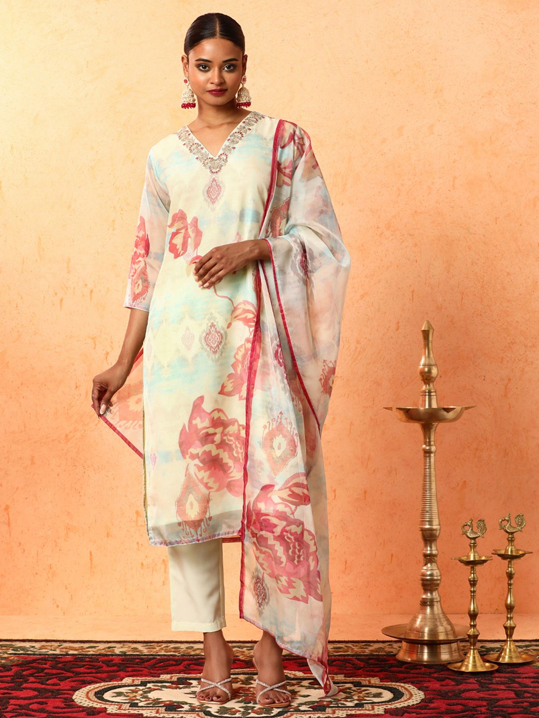 Jaipur Kurti Floral Printed Zari Work Organza Straight Kurta With Trousers & Dupatta