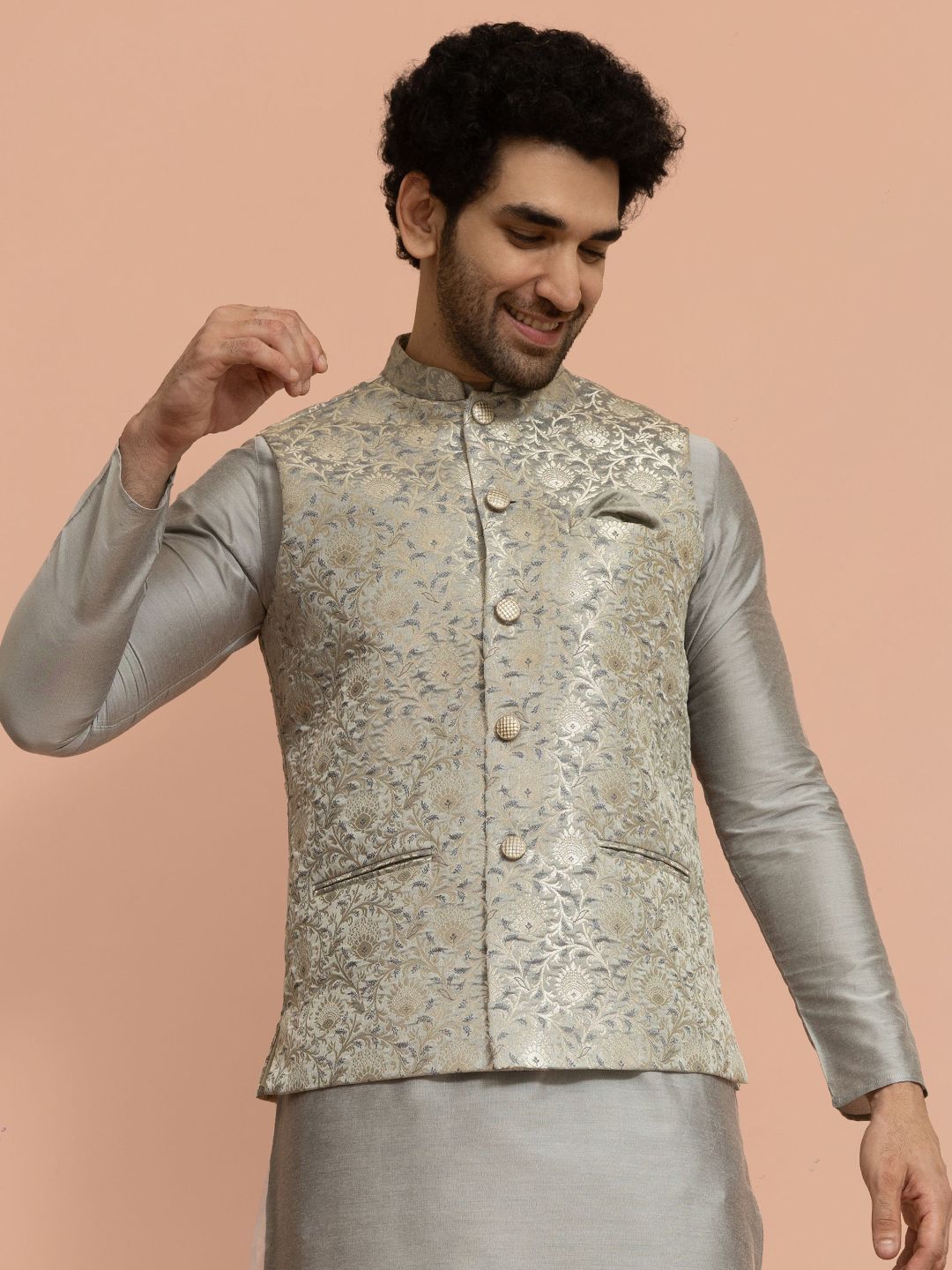 KISAH Men Grey Woven Design Nehru Jacket