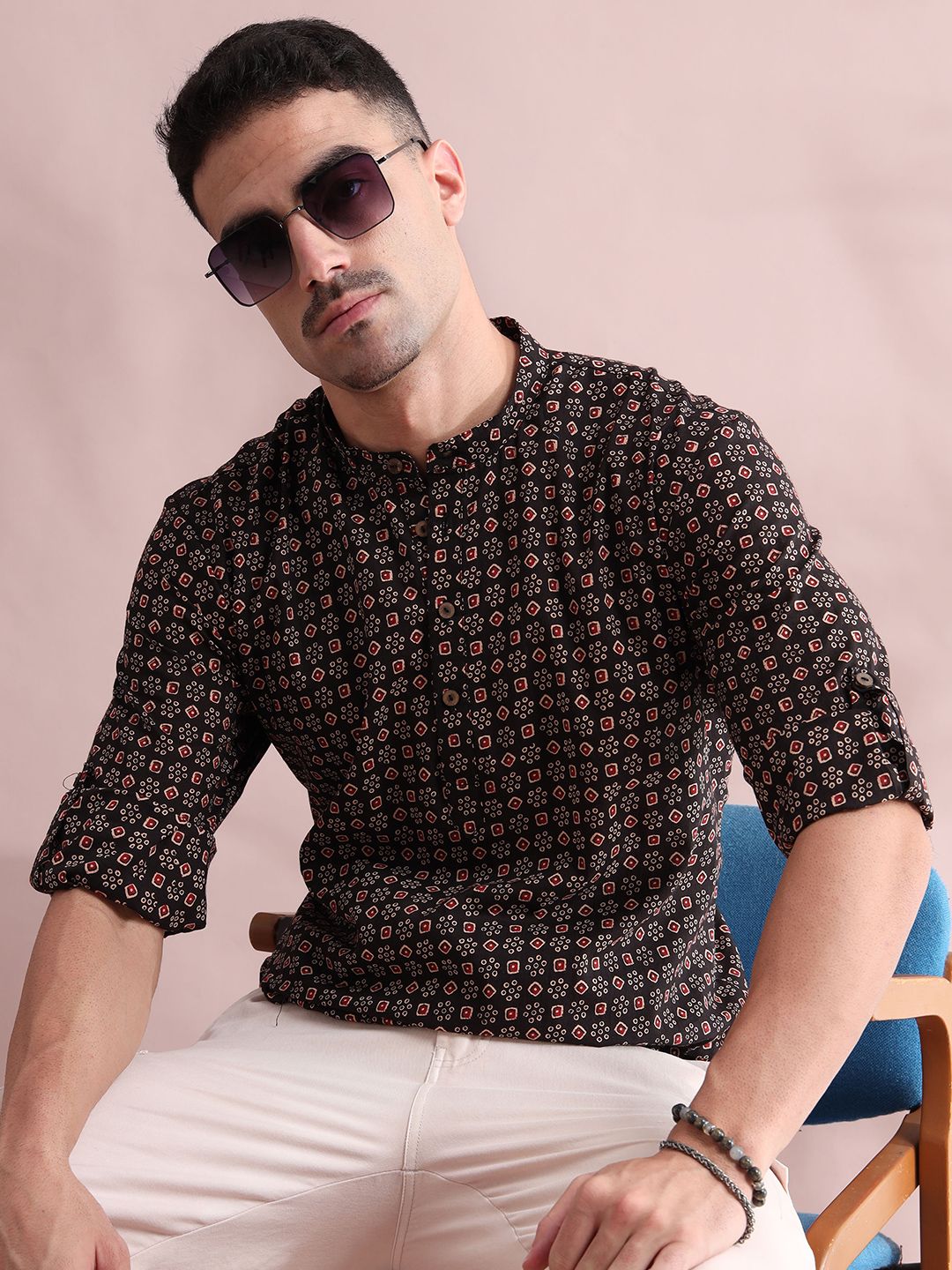 FILORI STUDIO Bandhani Printed Band Collar Cotton Short Kurta