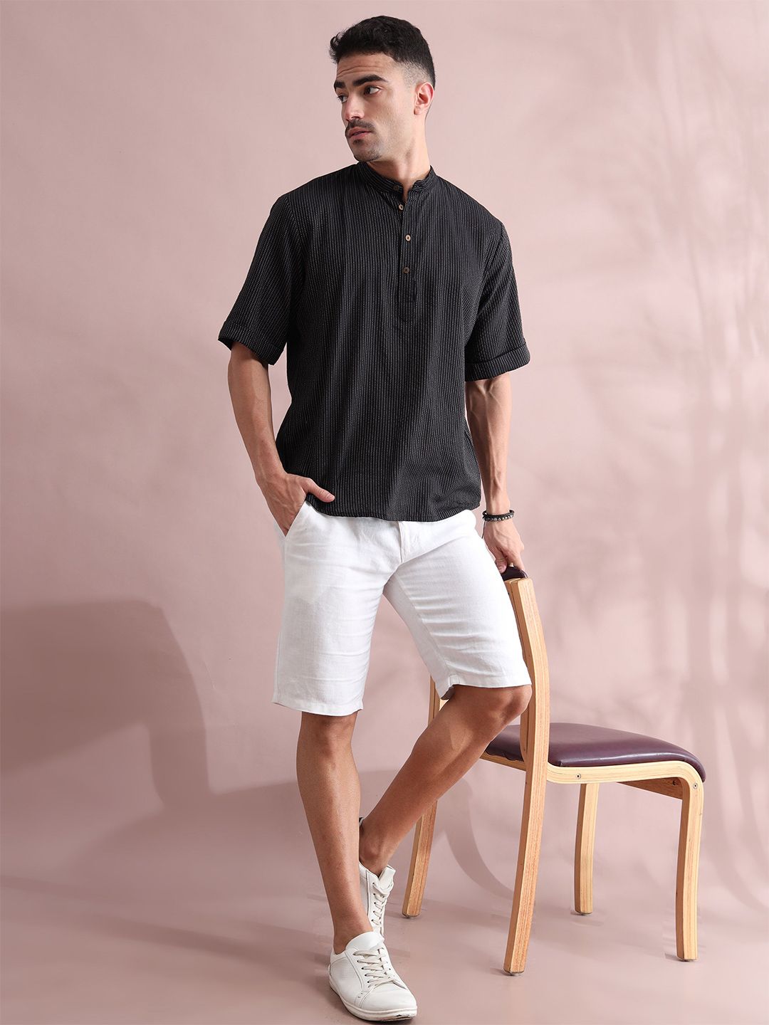 FILORI STUDIO Striped Band Collar Cotton Short Kurta