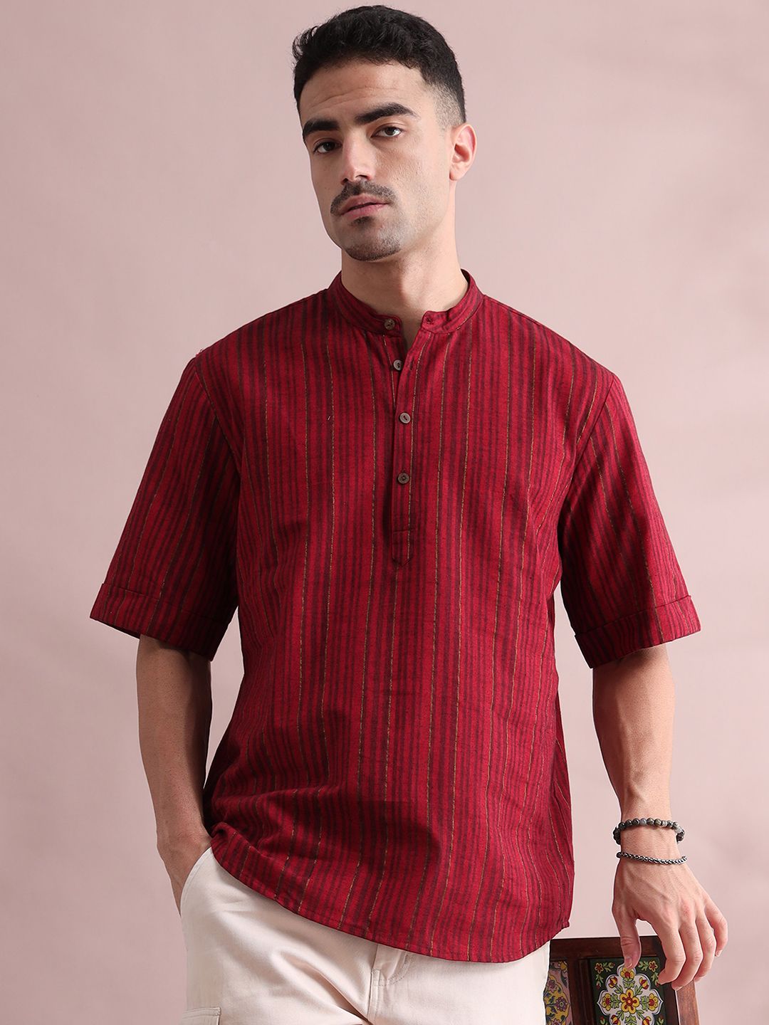 Striped Cotton Short Kurta FILORI STUDIO Striped Band Collar Pure Cotton Short Kurta