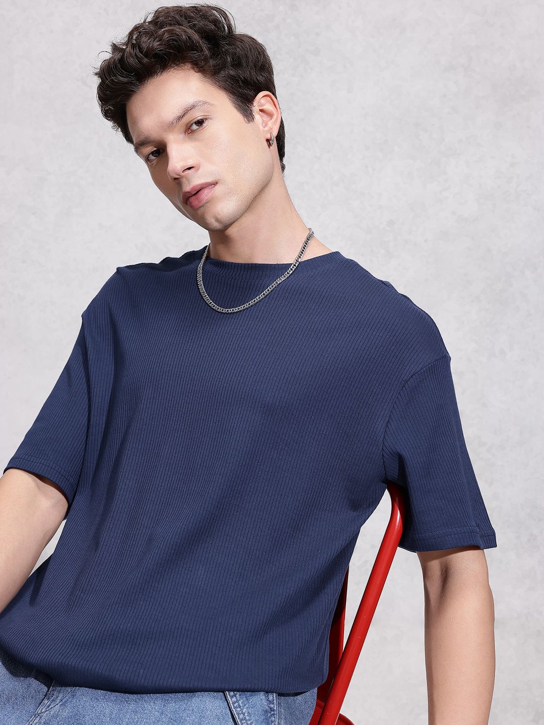 WROGN Self Striped Drop-Shoulder Sleeves Pure Cotton T-shirt